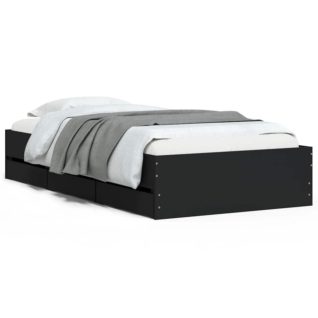 Łóżko Czarne z Szufladami Rama Łóżka Ze Stelażem Sypialnia Pokój 90x190 cm