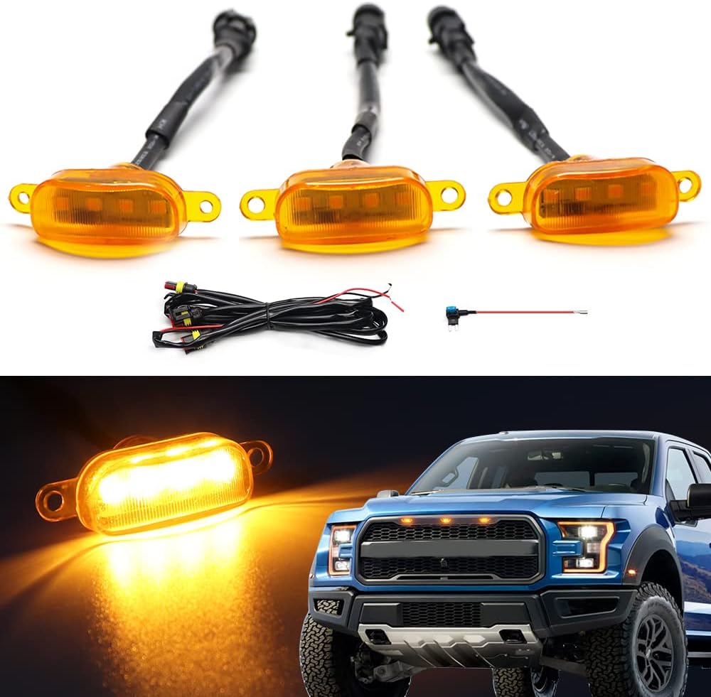 3 SZT. z bezpiecznikiem i przewodem, światła do grilla kompatybilne z grillem Forda F150 Raptor 2010-2018, bursztynowe światła pozycyjne LED do grilli