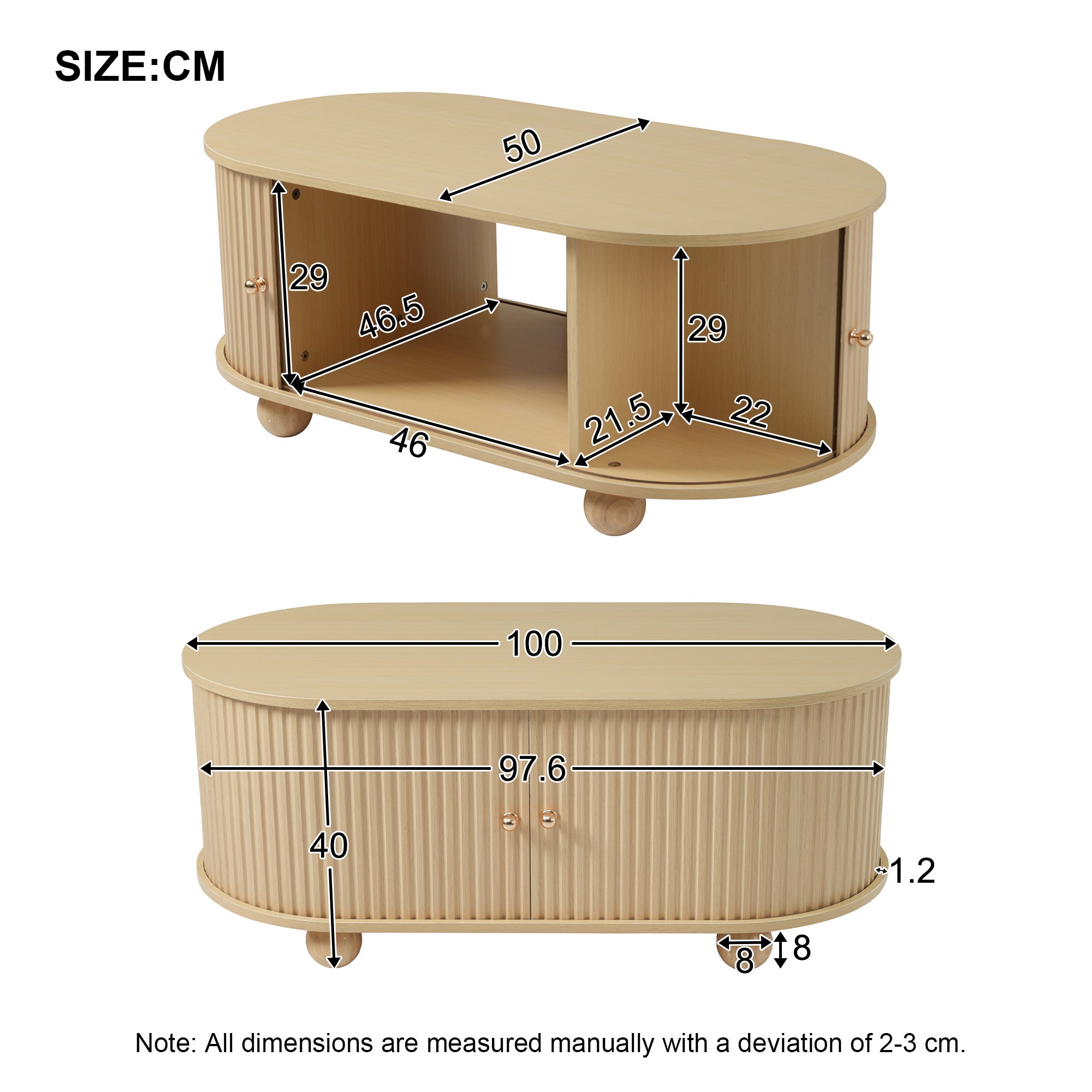Table basse ovale avec 2 portes coulissantes et compartiment - 100 x 50 x 40 cm - Bois MDF - Couleur bois - 9