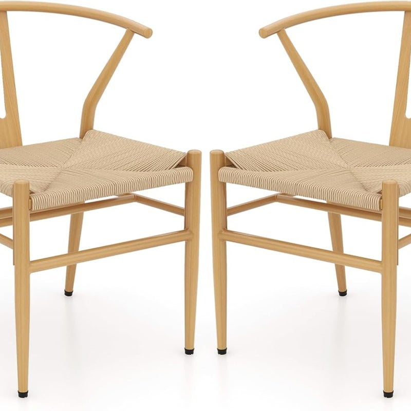 Zestaw 2 Krzeseł do Jadalni, Kuchni, Salonu, Sztaplowanych, z Oparciem i Szerokim Siedziskiem z Rattanu, Maksymalne Obciążenie: 150 kg