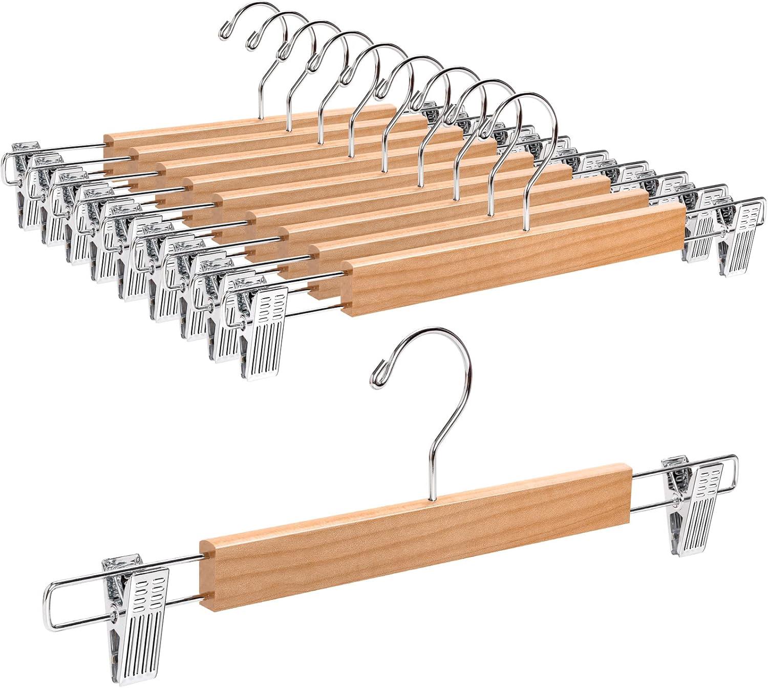 Lot De 12 Cintres En Bois Avec Pinces - 44,5 X 25,5 Cm - Pour Suspendre Pantalons, Jupes, Etc. - 5