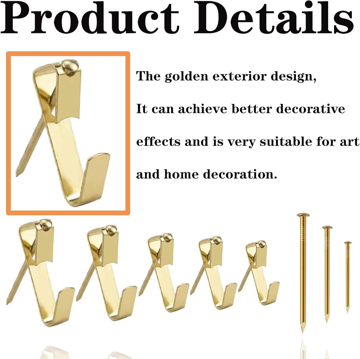 Ganci per cornici da 130 pezzi, ganci per quadri, kit ganci per cornici, adatti per appendere e fissare foto e orologi (ORO) - 3