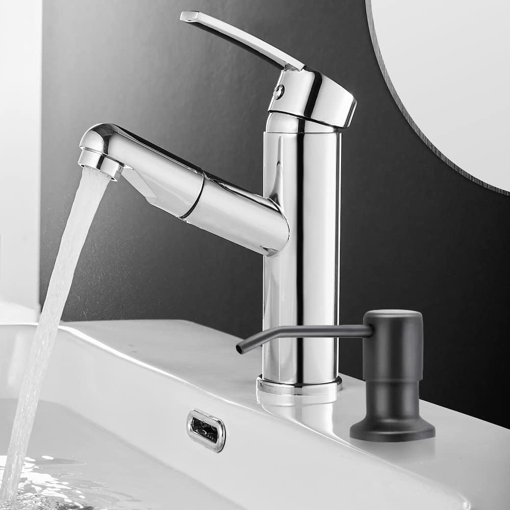 Distributeur de savon pour évier de cuisine, 350 ml, en acier inoxydable, rechargeable, avec pompe rotative à 360° (noir) - 5