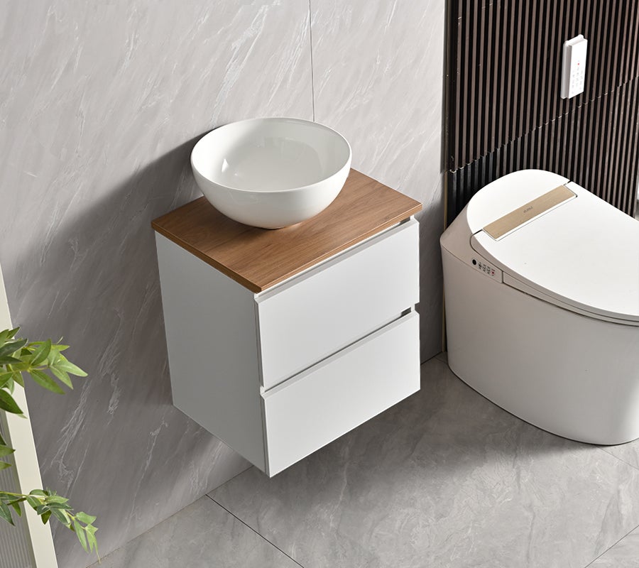 Conjunto Móvel de Casa de Banho profundidade reduzida 43x33x48 cm Branco e bancada de madeira com Lavatório de pousar - 3