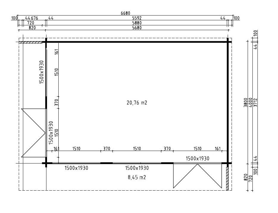Chalet de jardin Viva B Alpholz, 4.8x6.7m dim. ext. (cas échéant incl. débord de toit) naturel, épaisseur paroi : 70mm, 32,3m² totale - 4
