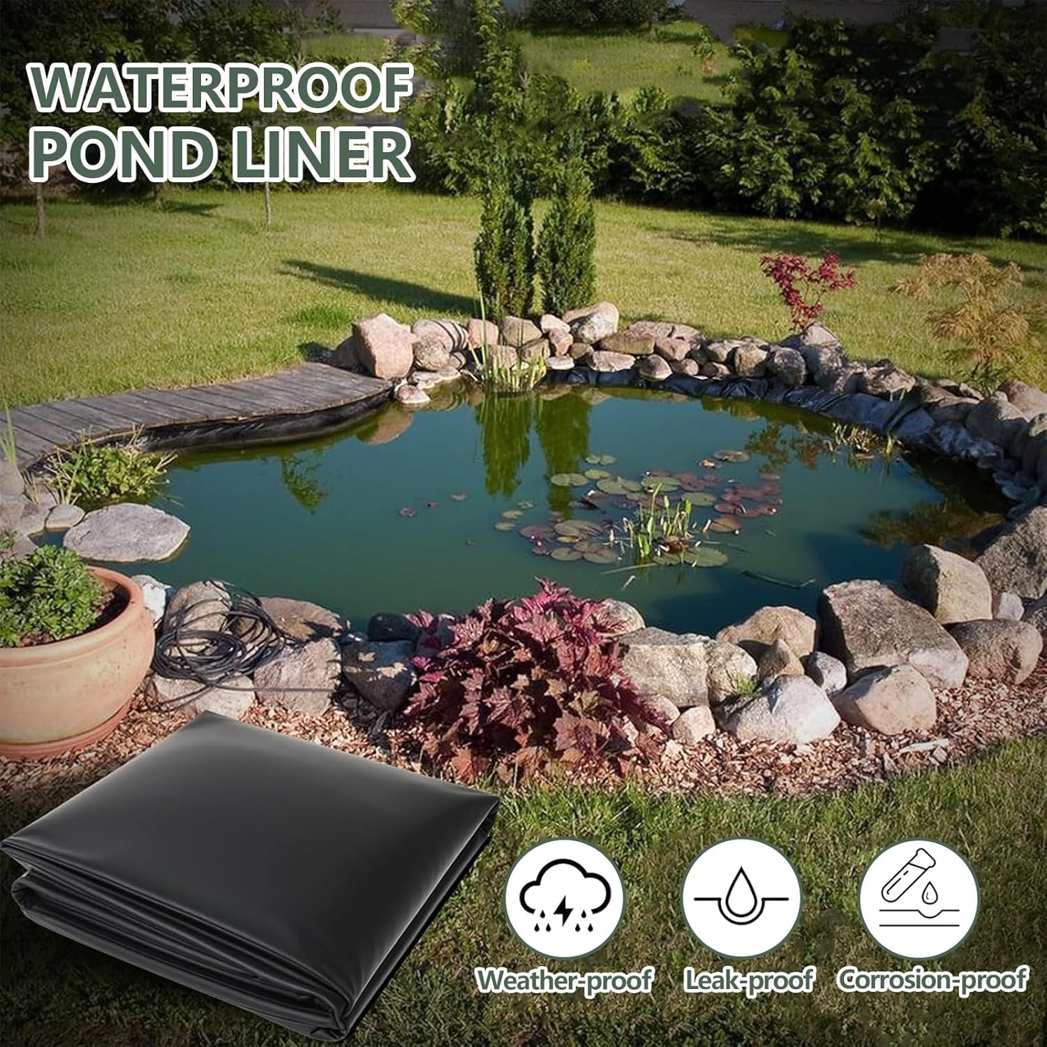 1 pièce de revêtement d'étang en PEHD durable noir (6 m x 7,6 m x 0,5 mm) pour extérieur, adapté à la membrane de piscine pour bassin à poissons, font - 4