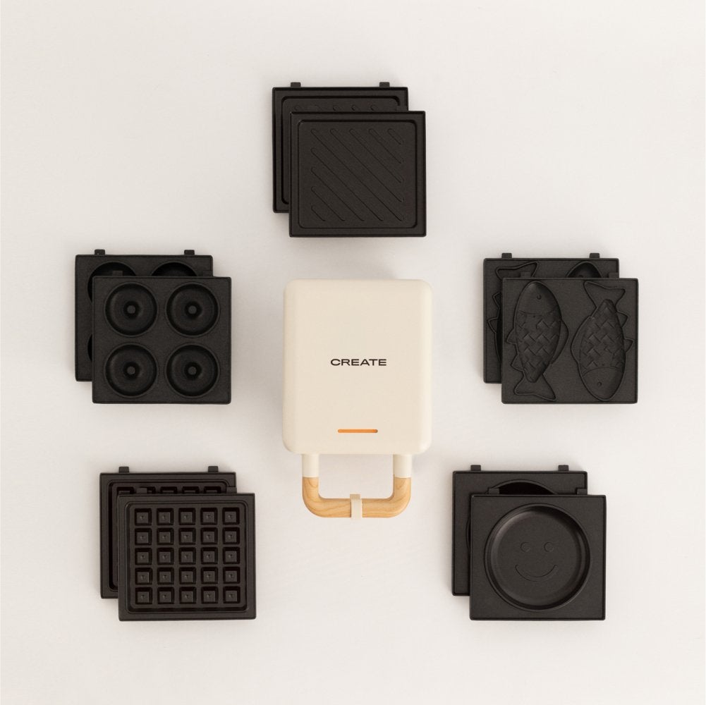 CREATE - Pack STONE STUDIO Indywidualnie - Opiekacz do kanapek Gofrownica i Grill+ Płyta Taiyaki + pancake pancake Plate + donuts Plate - Blanc cassé