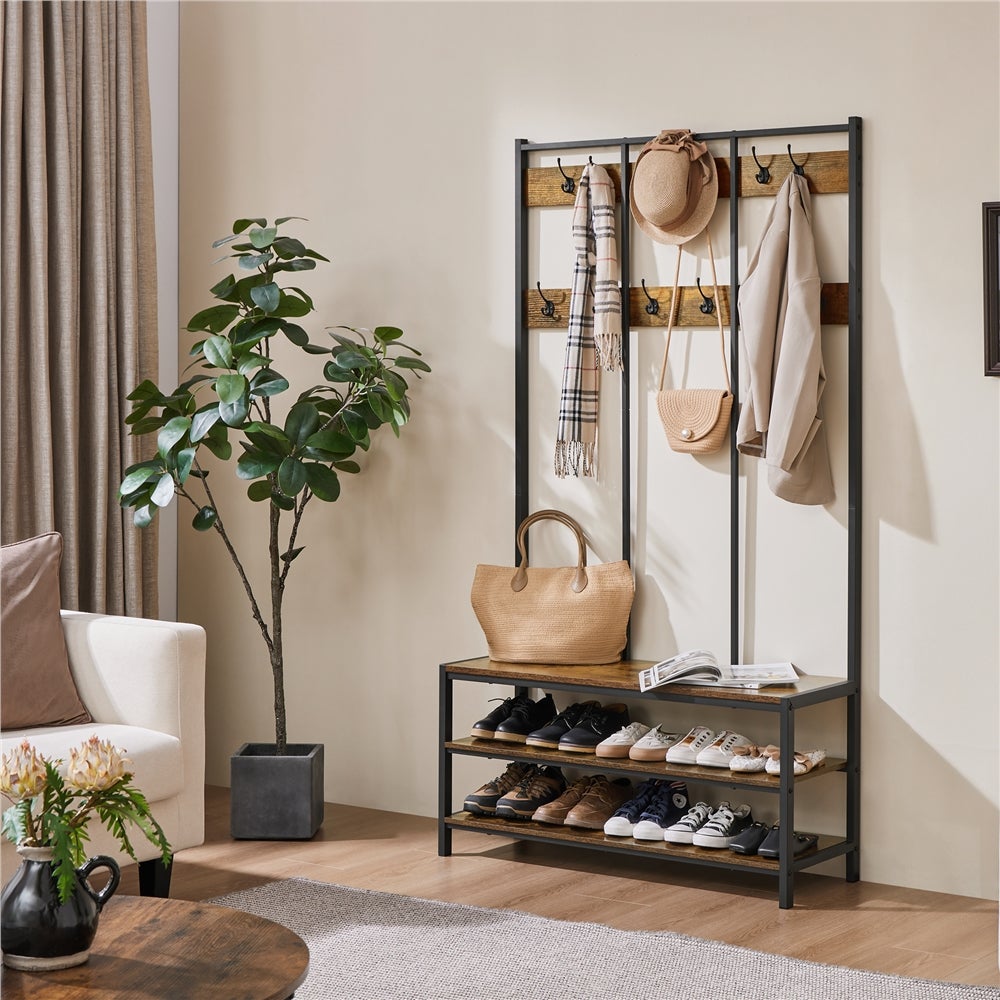 Porte-manteau d'entrée Vintage en Bois et Métal avec Étagère à Chaussures à 3 Niveaux, Brun Rustique et Noir Yaheetech - 2