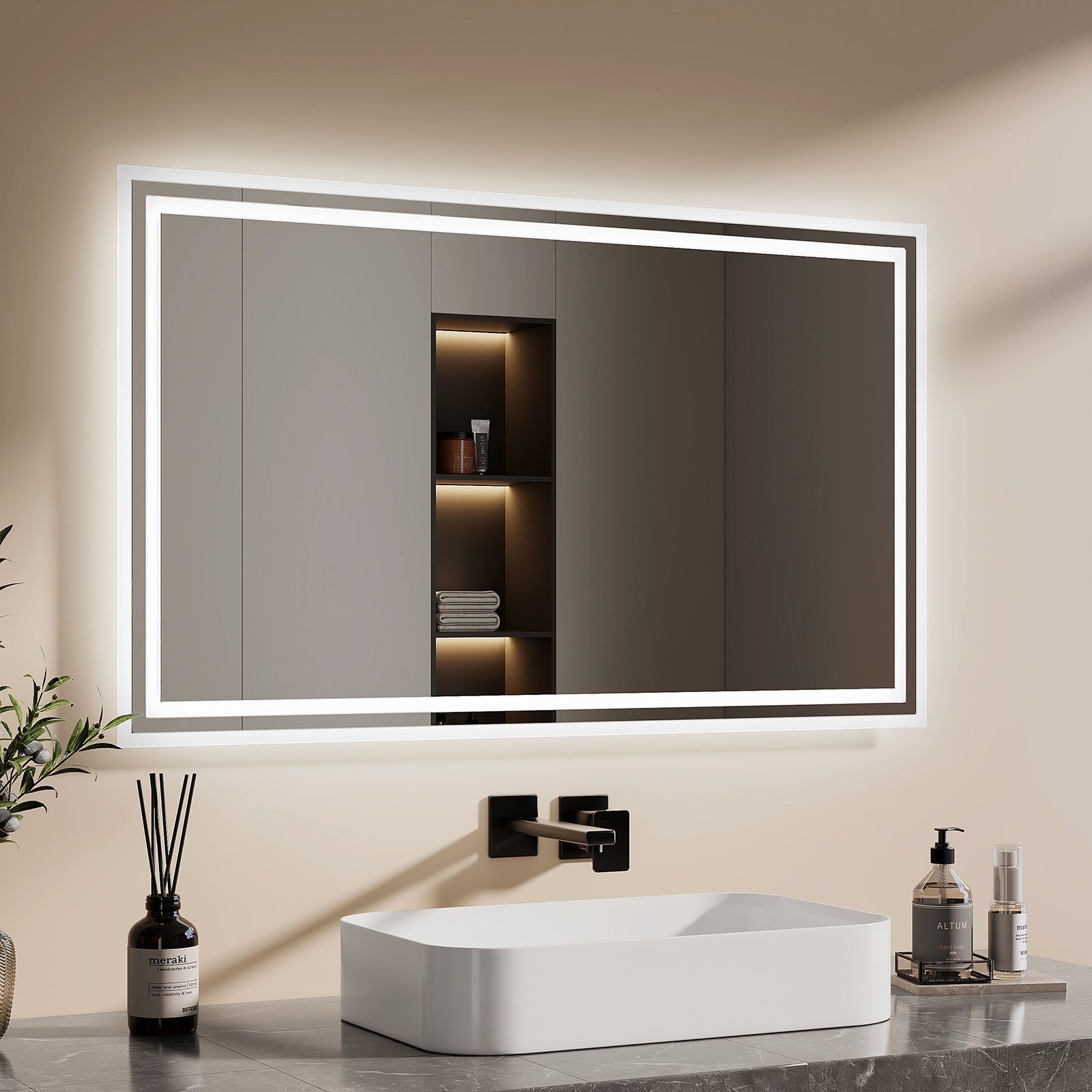 EMKE Miroir lumineux salle de bain 100x60cm, Miroir LED avec Interrupteur à bouton, Anti-buée, Miroir avec éclairage lumière Blanche Froide/Chaude - 2