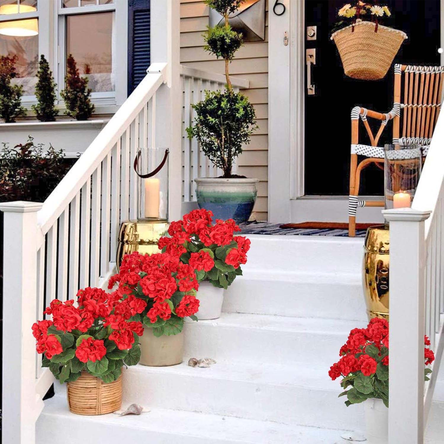 7 ramos geranios rojos artificiales resistentes a los rayos UV, flores para cementerio, balcón, jardín, hogar, primavera, decoración - 8