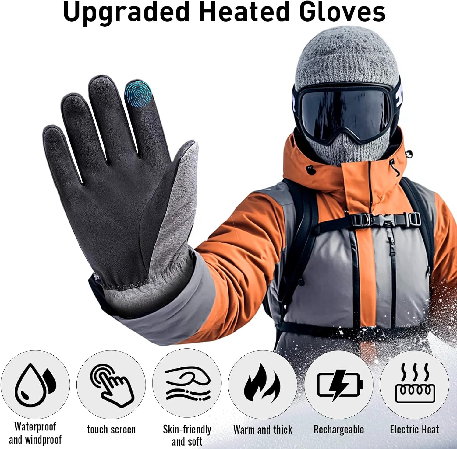 Gants Chauffants Hiver Homme - Batterie Rechargeable 7.4V 5000mAh, 3 Niveaux de Chaleur, Imperméables, Écran Tactile - Pour Ski, Moto, Randonnée - 5