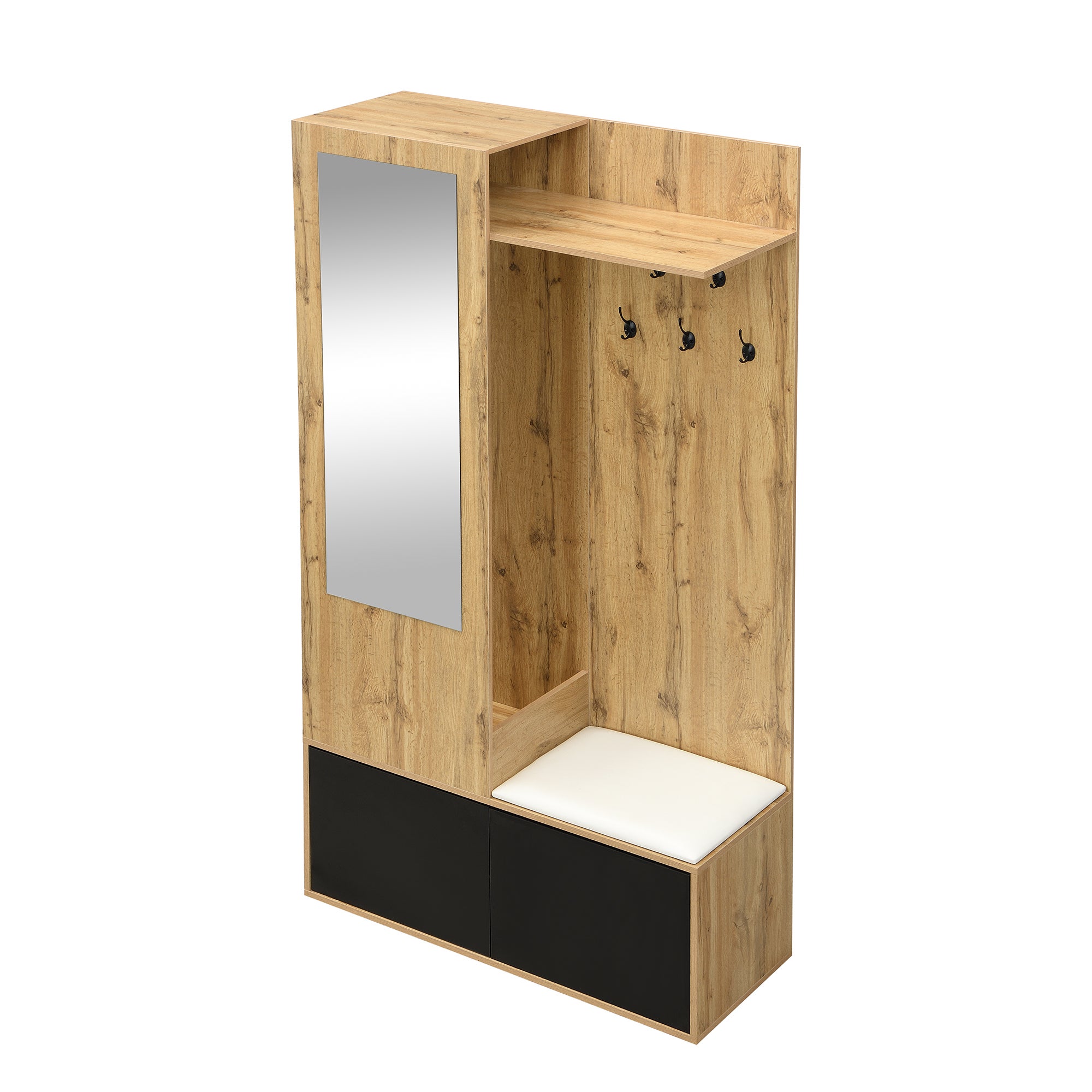 Ensemble meuble à chaussures avec banc + miroir + armoire ouverte - 100 L x 38 l x 191 H cm - 2 portes - MDF - Naturel + noir - 10
