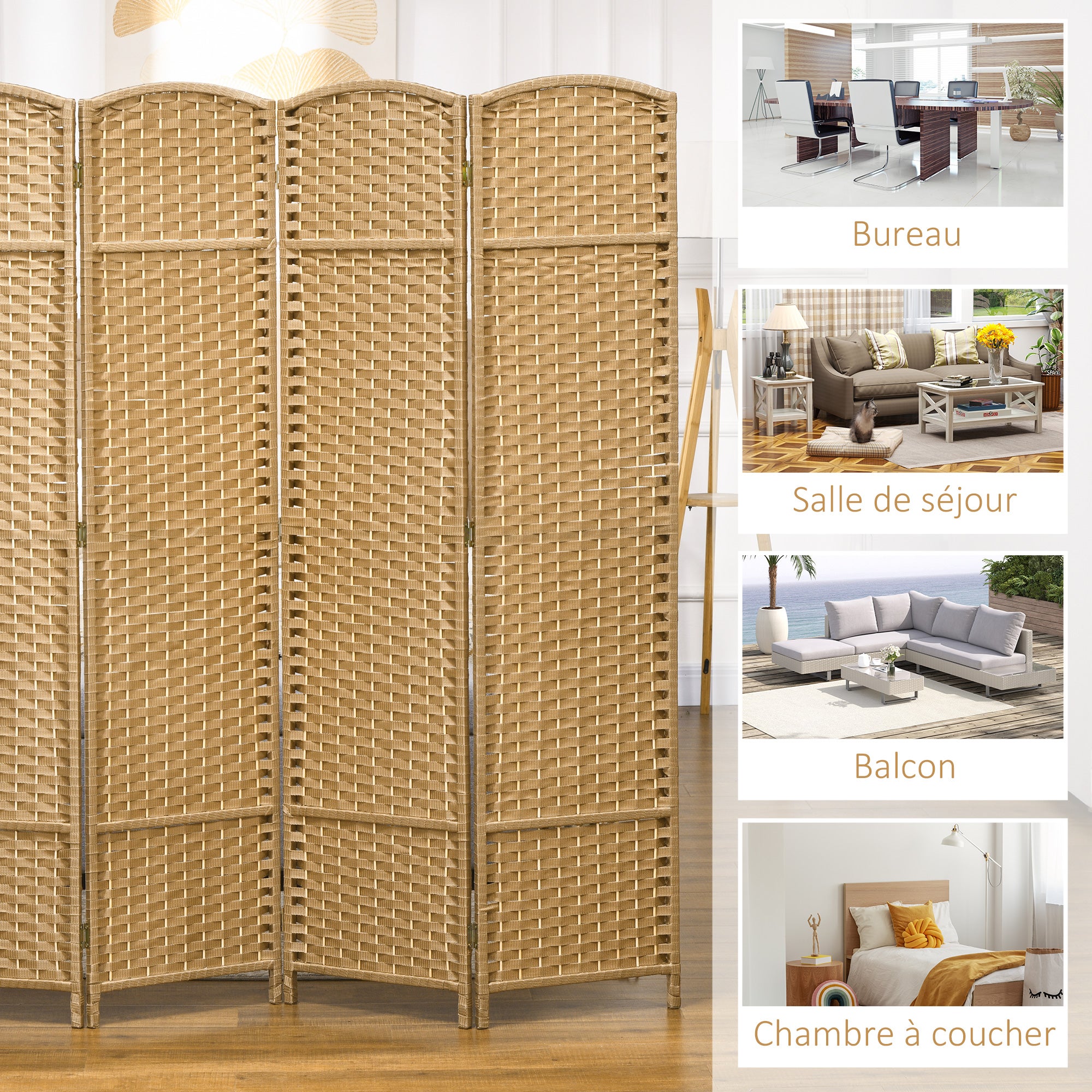 Paravent intérieur bois 4 panneaux 160x170 cm séparateur pièce pliable salon chambre naturel - 9