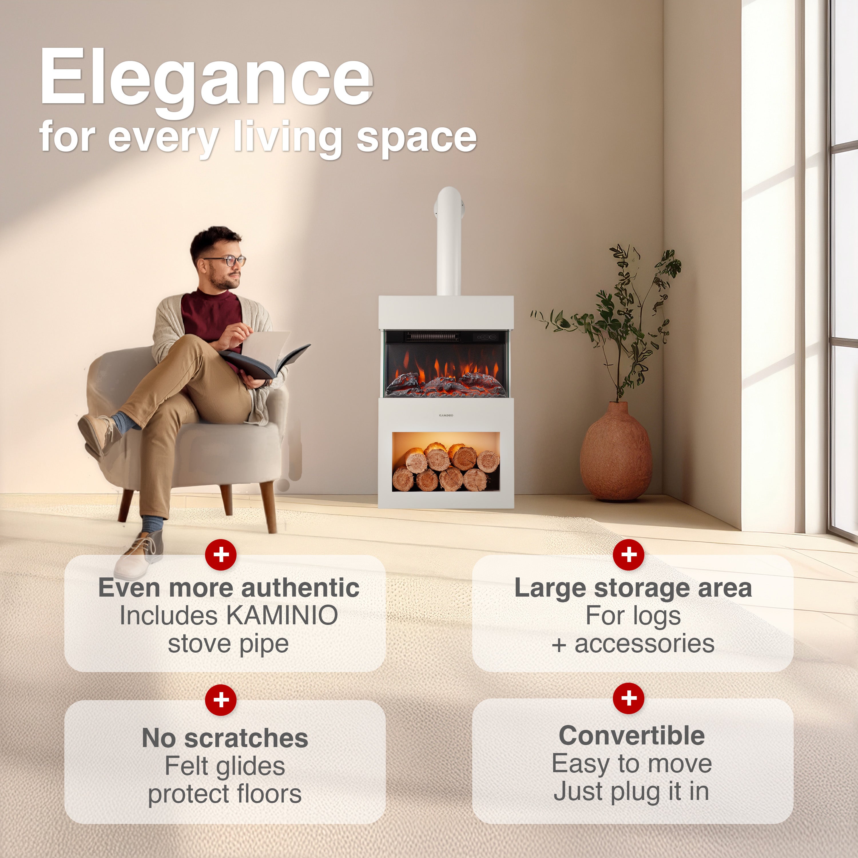 KAMINIO Chimenea eléctrica HENRI con tubo de chimenea - Estufa de chimenea calefacción, llama 3D, luz ambiental, compartimento madera, remoto - Blanco - 2