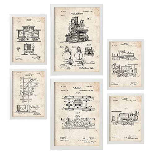 Zestaw 6 odbitek patentowych Train. Plakaty z rysunkami retro starych wynalazków. Formaty A4 i A3 bez ramki