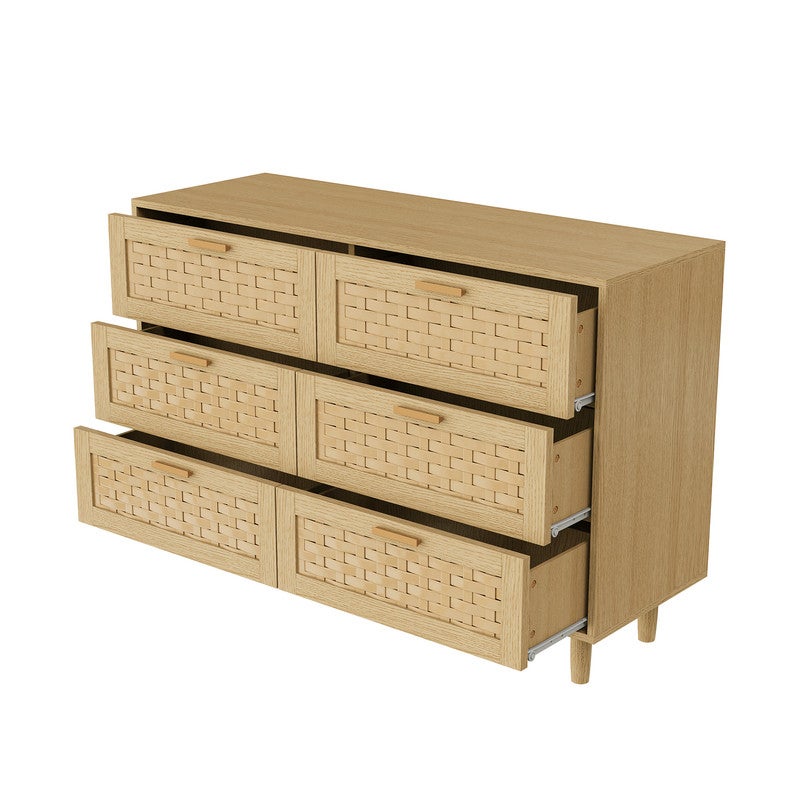 Armoire à tiroirs, Armoire de rangement en rotin - poignée en métal - 4 portes - Chambre à coucher, couloir, salon, chêne/noir - 9