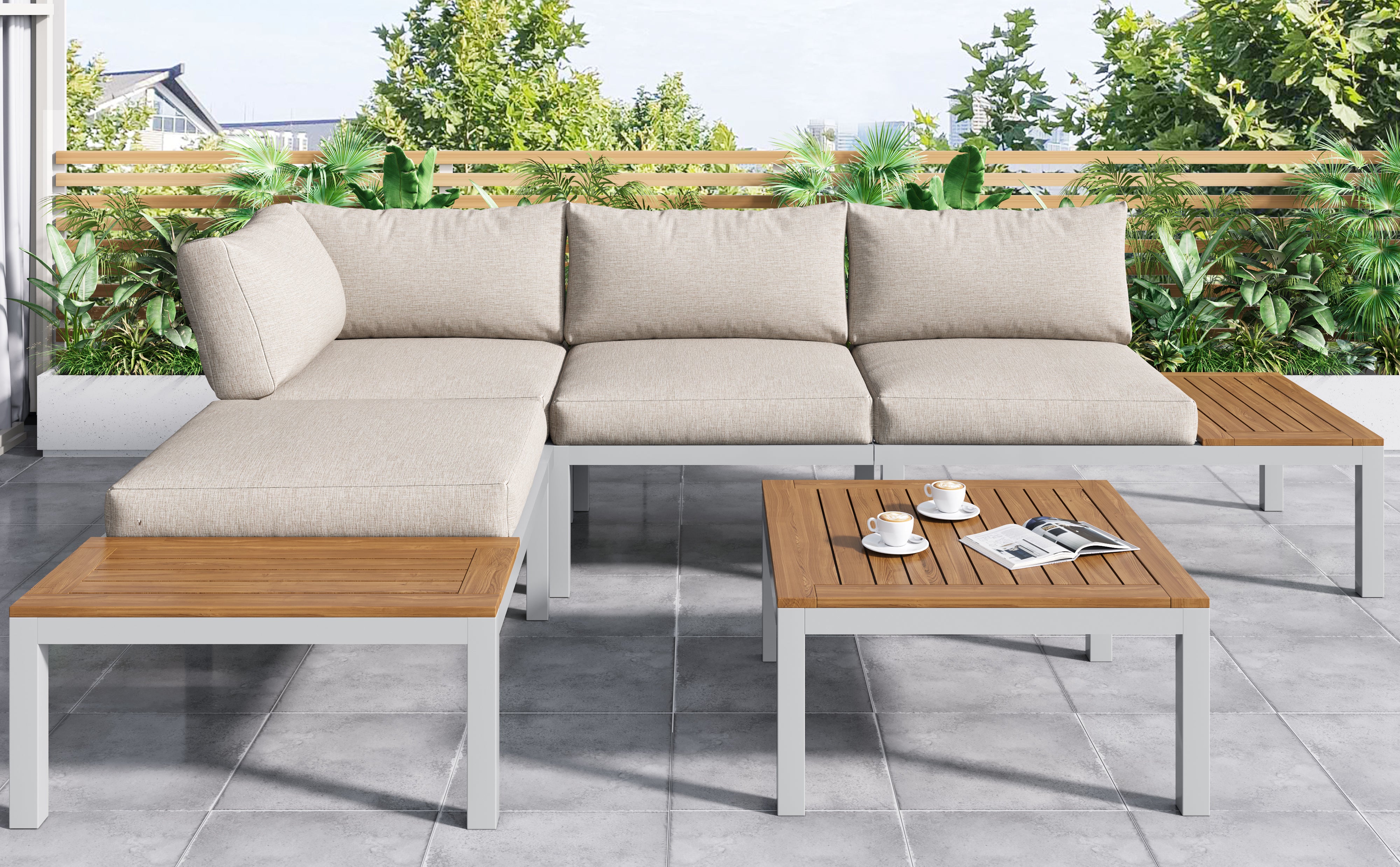 Muebles de jardín modulares en madera de acacia: 1 sofá de esquina + 2 mesas auxiliares + 1 mesa de centro - Beige + marrón - 7