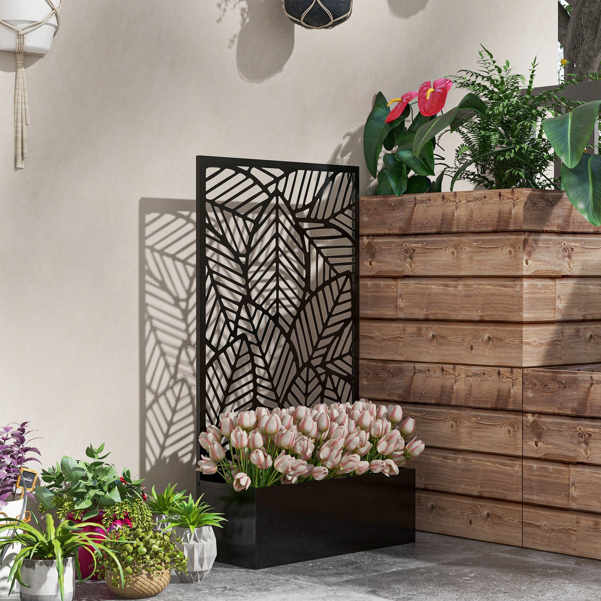Jardinière avec brise-vue paravent treillis pour Plante Grimpante, bac à Fleurs - dim. 61L x 23l x 113H cm - 4
