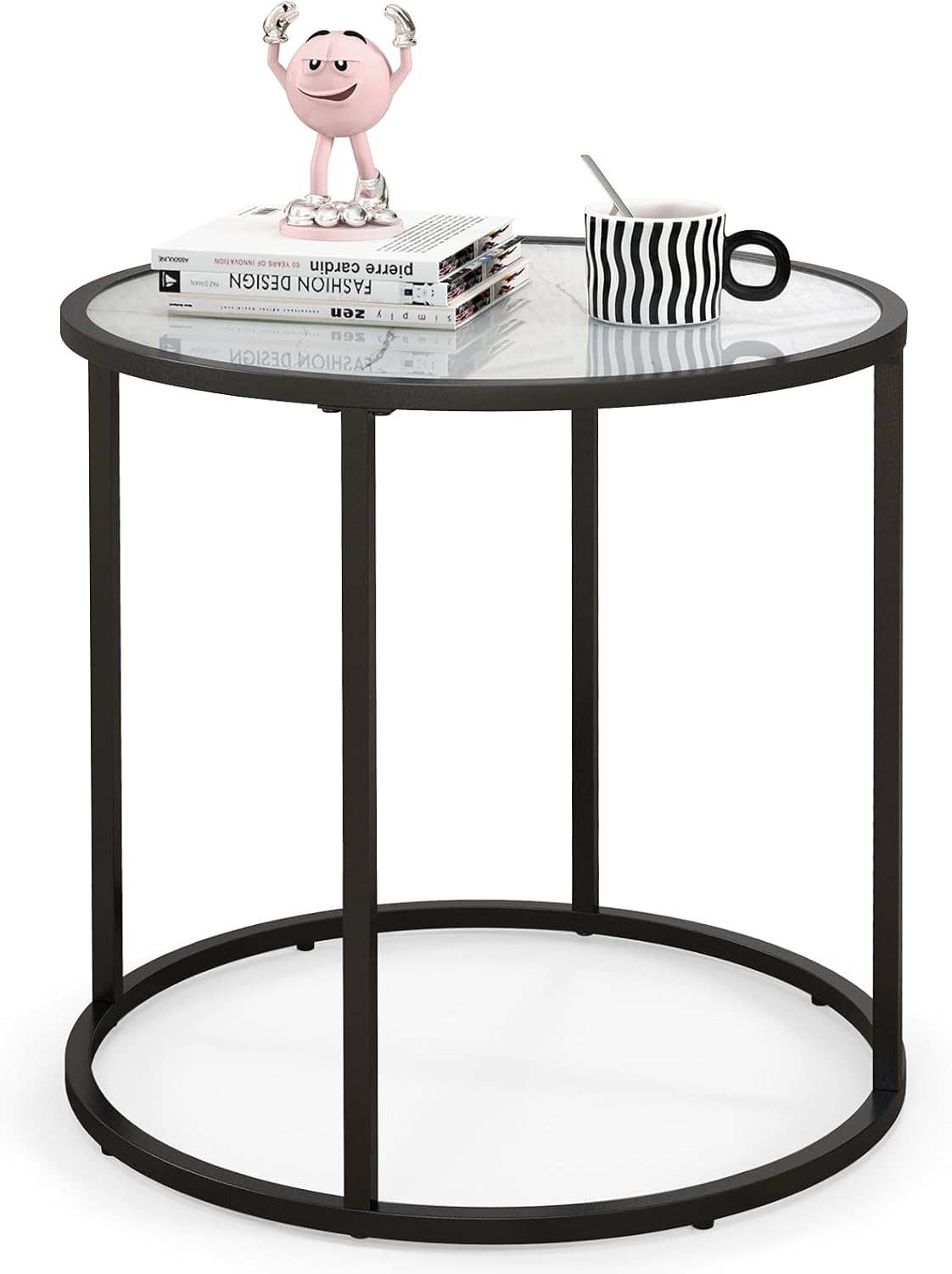 Okrągły Stolik Pomocniczy, Nowoczesny Stolik do Kanapy, Powierzchnia z Imitacji Marmuru, Blat ze Szkła Hartowanego, Metalowa Rama, Kompaktowy