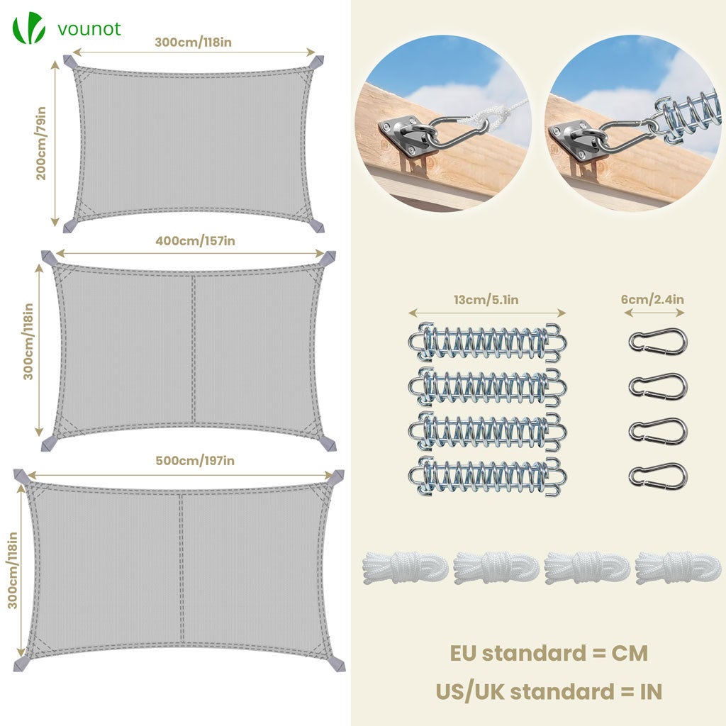 Voile d'ombrage Rectangulaire en Polyester Imperméable avec Kit de Montage 3x4m Gris Clair VOUNOT® - 6