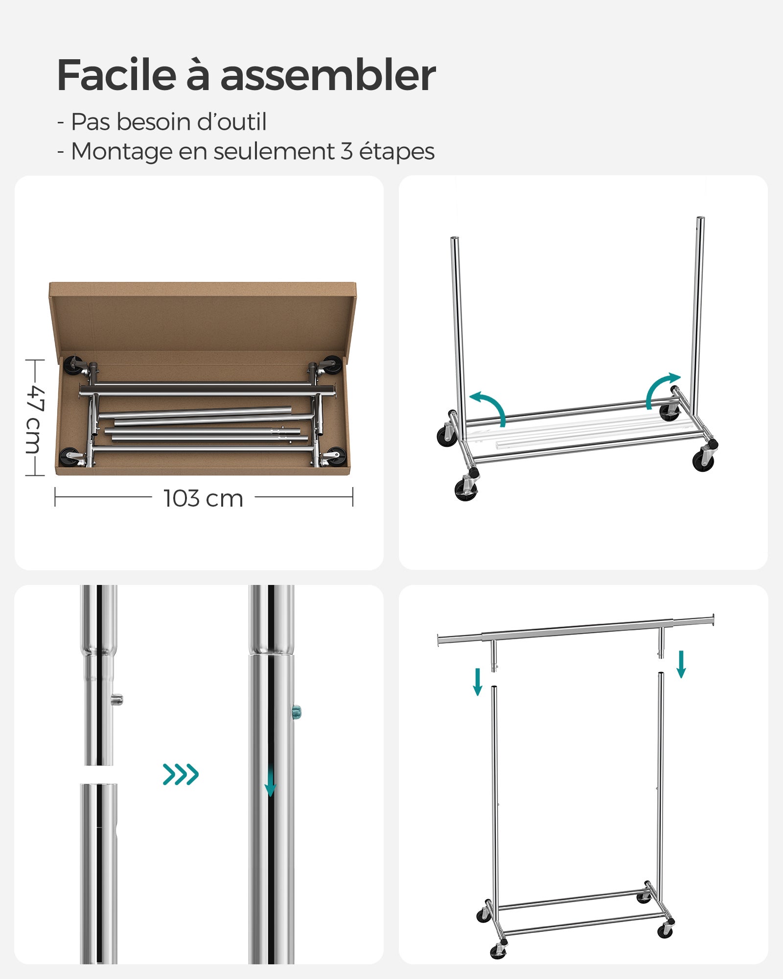 Portant à Vêtements avec Roulettes, Tringle Extensible pour Charge Lourde, Porte-manteau, Rangement Vêtement, Capacité de Charge 100 kg,Argent - 6