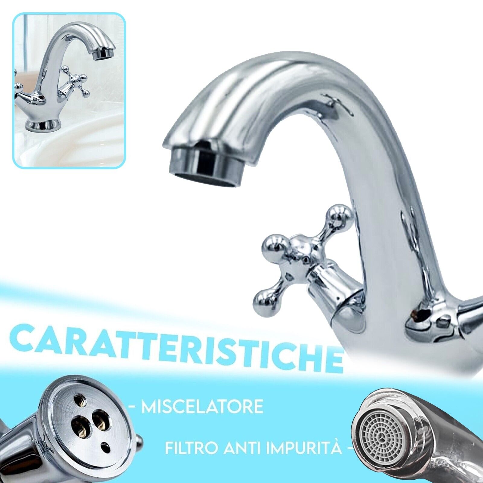 Rubinetto Miscelatore cucina bagno lavabo vasca due manopole in acciaio cromato comprensivo di piletta kit installazione 16.5 CM Maka - 4