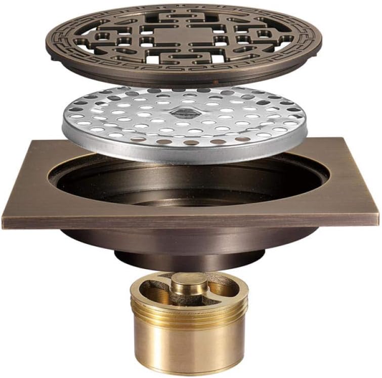 Klasyczny mosiężny odpływ podłogowy – odświeżacz powietrza do kuchni i łazienki, miedziana pokrywa – 100 mm x 100 mm - 2