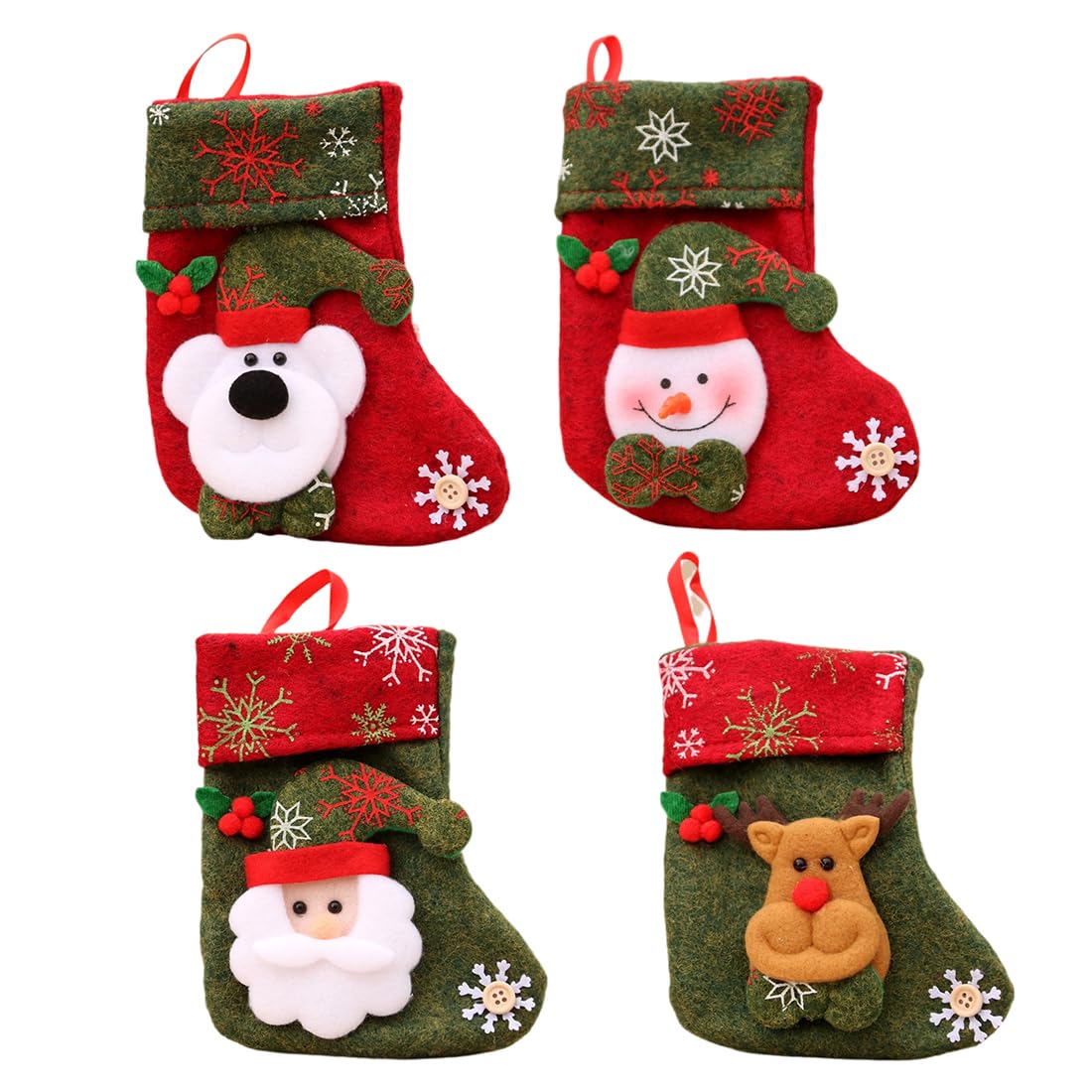 4 Chaussettes De Noël à Suspendre - Père Noël, Bonhomme De Neige, Ours, Renne - Déco Sapin Ou Cheminée - 12x16 Cm