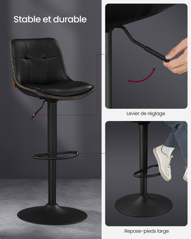 Tabourets de Bar, Lot de 4, Siège Pivotant à Hauteur Réglable, en PU, avec Dossier et Repose-Pieds, Noir d'encre - 7