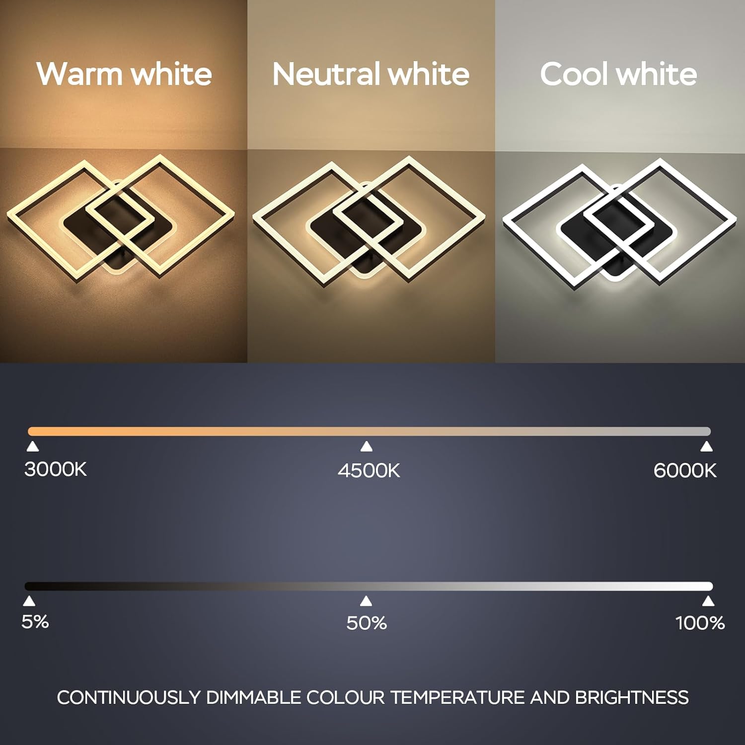 Plafonnier LED Anten, style moderne, pour salon et chambre, 40W, avec télécommande, intensité variable en continu 3000-6500K, noir - 3