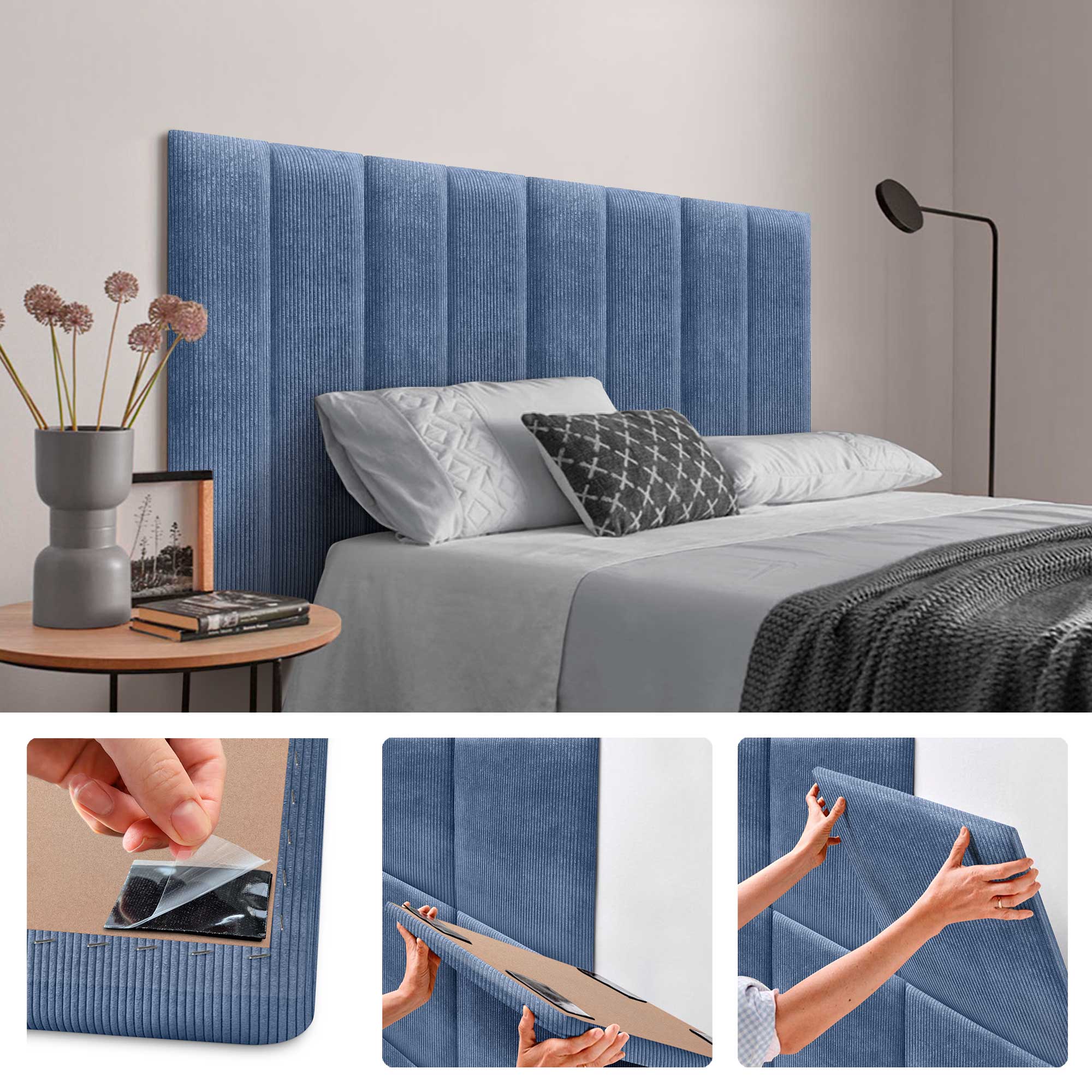 DHOME Pannelli Imbottiti in Velluto Premium Autoadesivi per Parete Acustici Assorbenti Protezione Impatti Testiere (Blu, 60x20cm) - 2