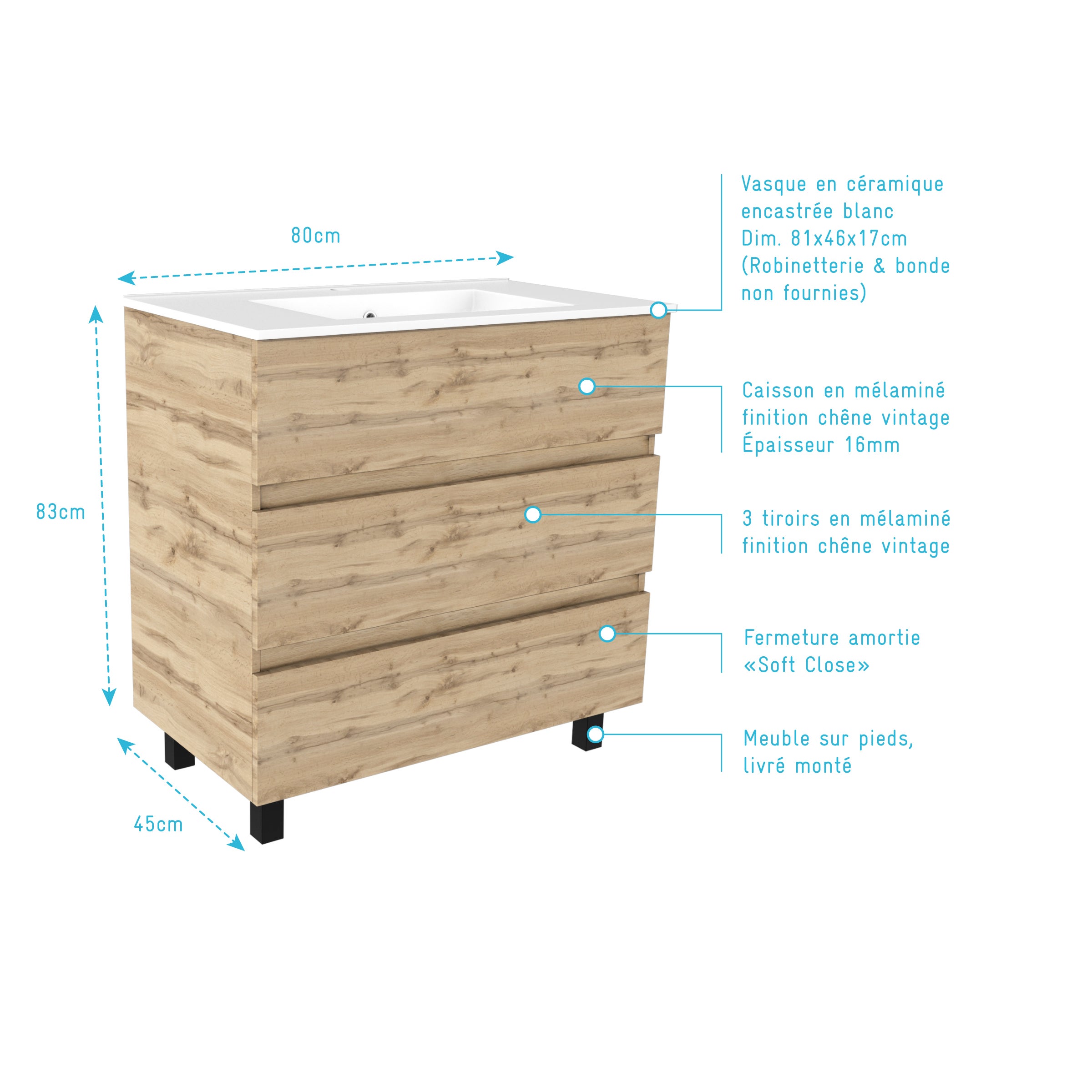 Meuble de salle de bains 80cm 3 Tiroirs_Chêne Naturel + Vasque céramique blanche - TIMBER 80 - 4