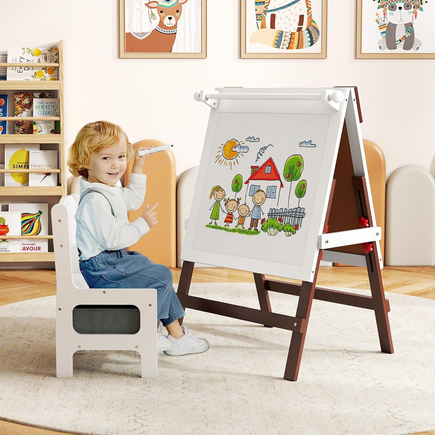 Tableau Enfant 3 en 1 - DREAMADE - Chevalet Double Face Réglable - Bureau Enfant en Bois - Bibliothèque à 2 Niveaux - 3+ - Jeux - Jouets
