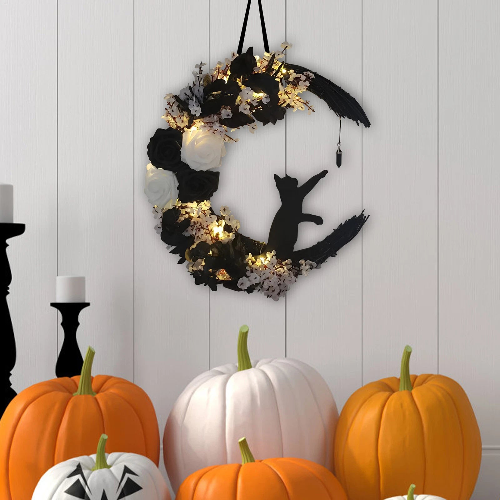 Couronne Porte Halloween - Chat Noir Et Lune - Décoration Automne Épouvantail - Couronne Porte Créative