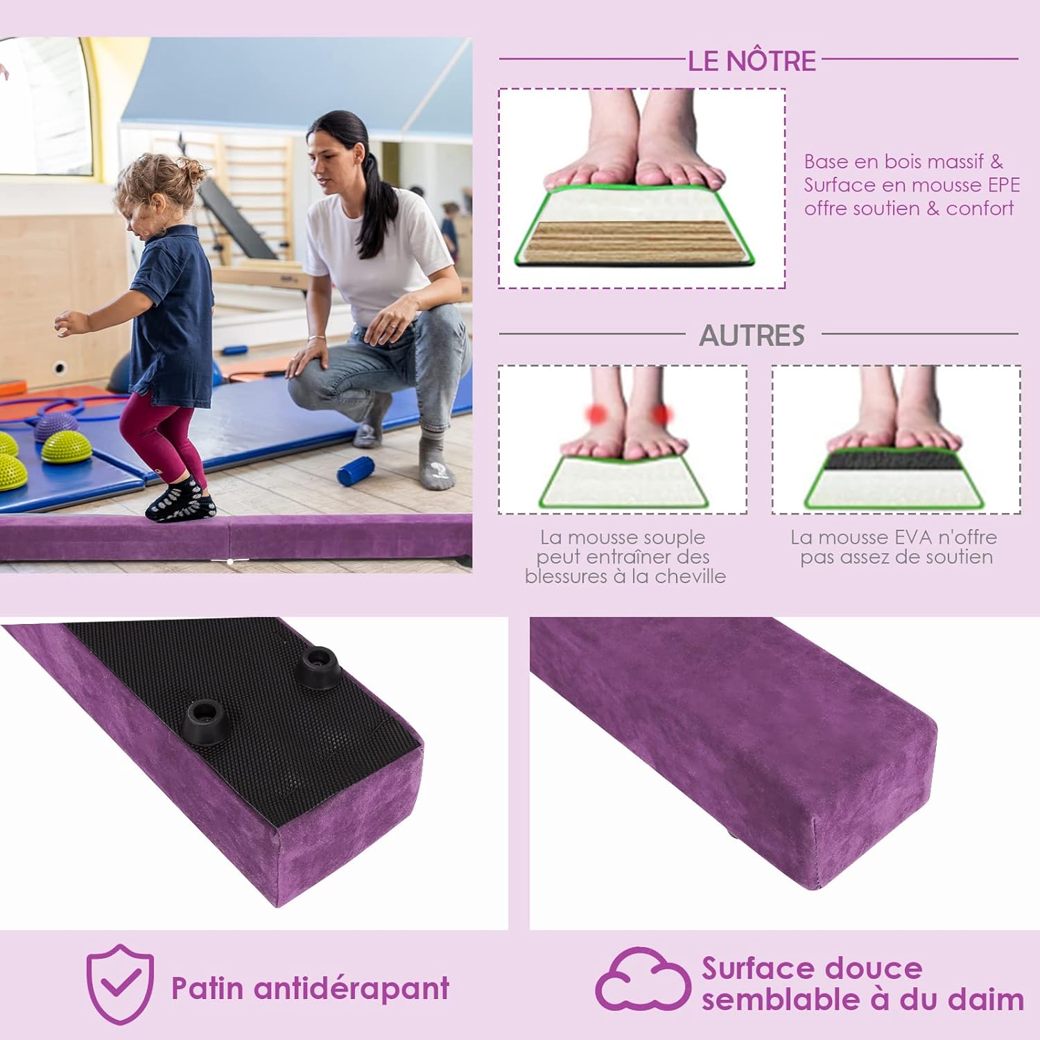 Poutre de Gymnastique Pliable 210cm pour Enfants Antidérapants Couverture en Daim Violet - 3