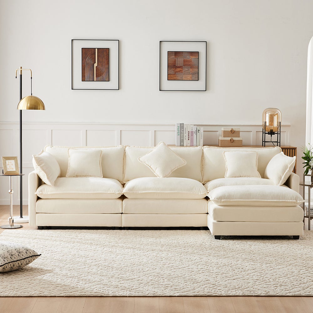 Diseño moderno, sofá esquinero en l, tela de chenilla, sofá de tres plazas con reposapiés, beige