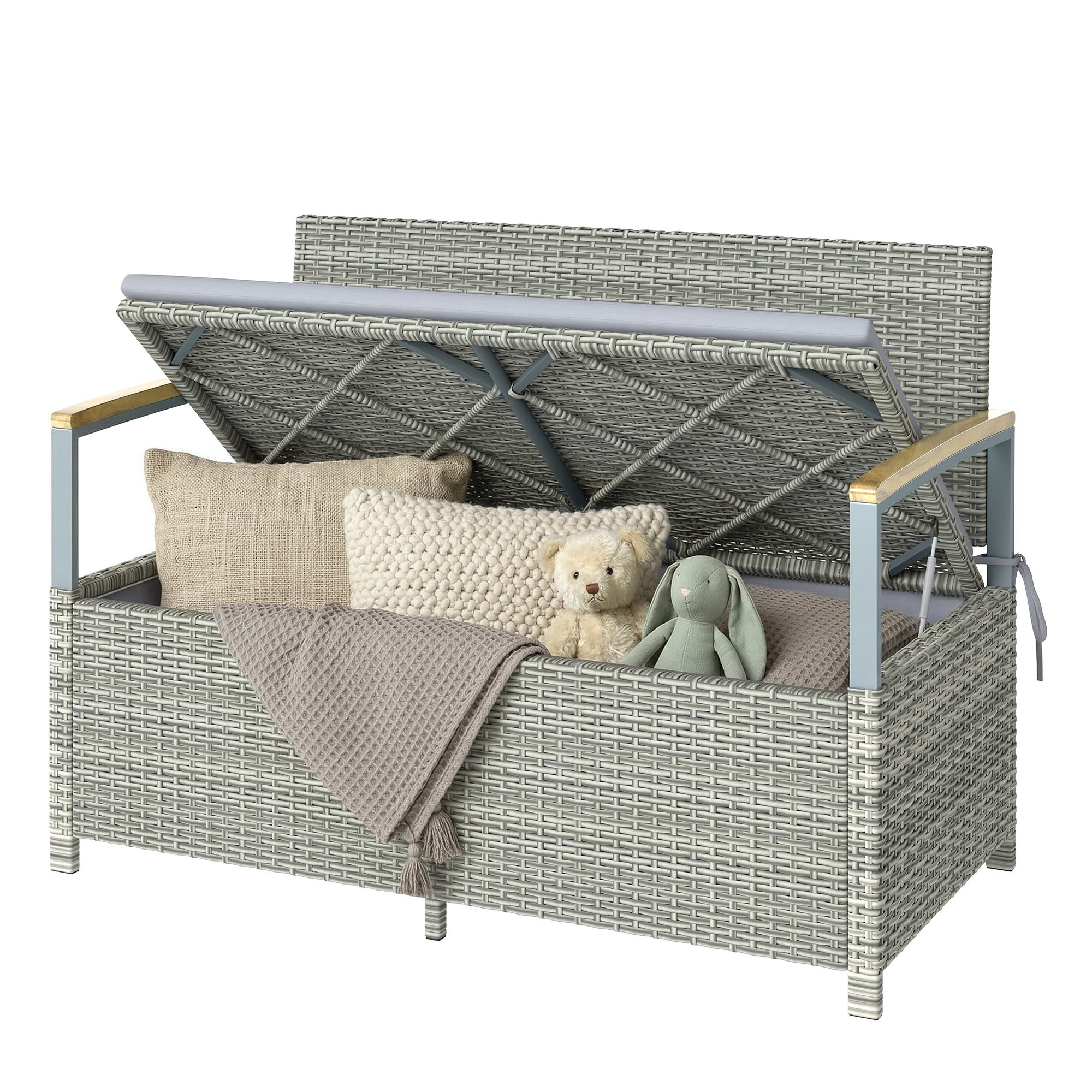 Banc de Jardin Banquette avec Coffre de Rangement 170L 2 Places Coussin Déhoussable Résine Tressée 120x60x84cm Gris - 2