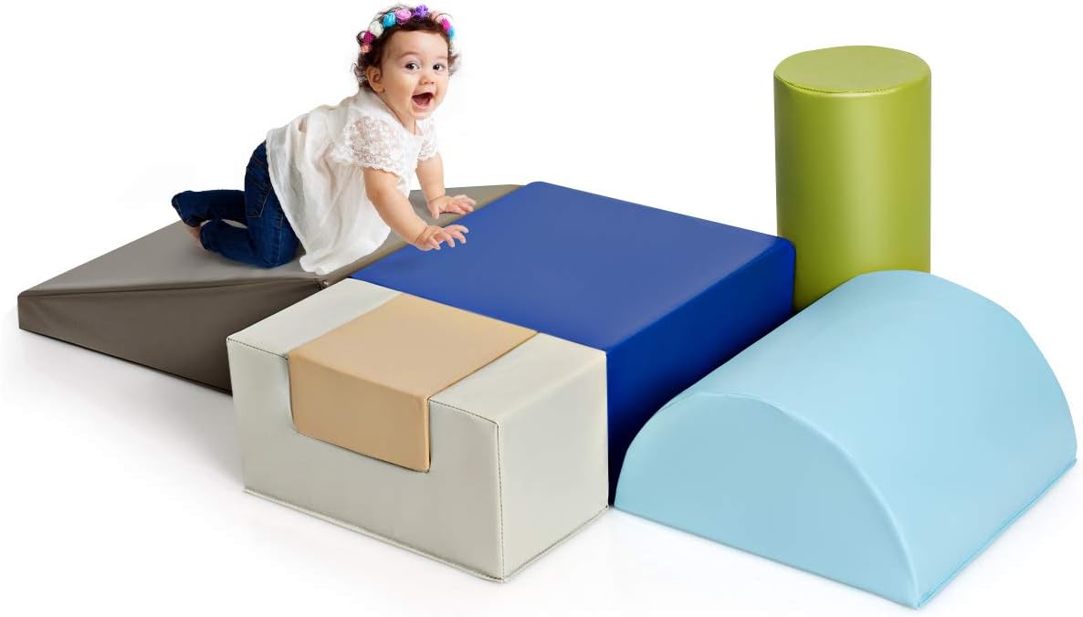 6 Szt. Tor Przeszkód dla Niemowląt, Moduł Motoryczny dla Niemowląt z Pianki, Zabawki Edukacyjne z Pokrowcem z PU i Wypełnieniem z EPE (Szary)