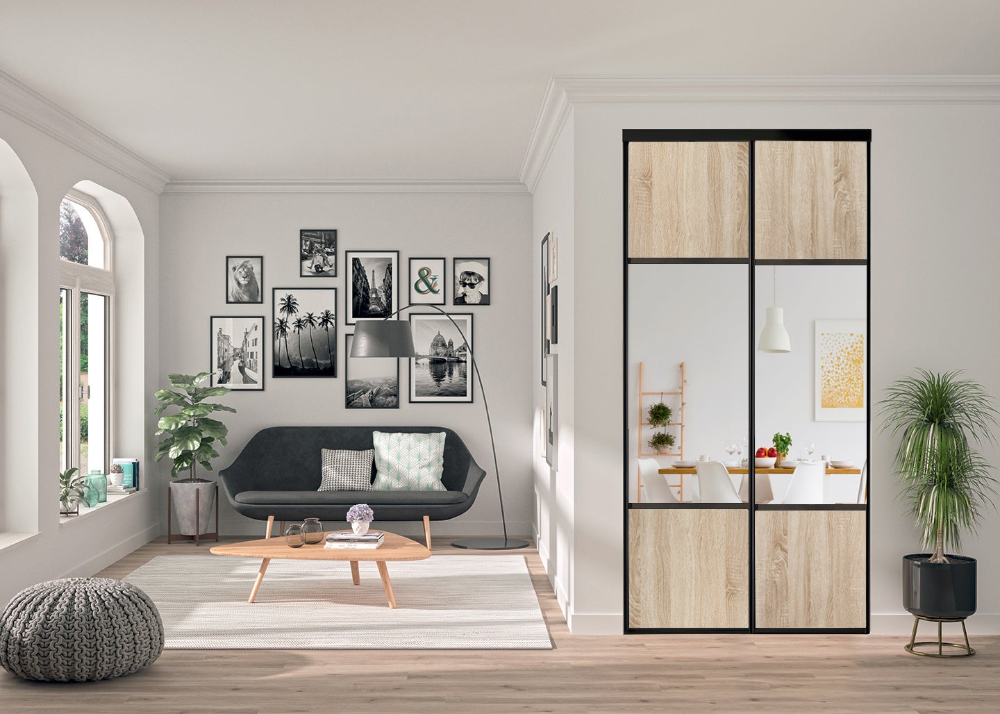 Portes de placard coulissantes, 2 portes décor chêne sauvage partitionné miroir argent H2500mm X L1200mm - 2