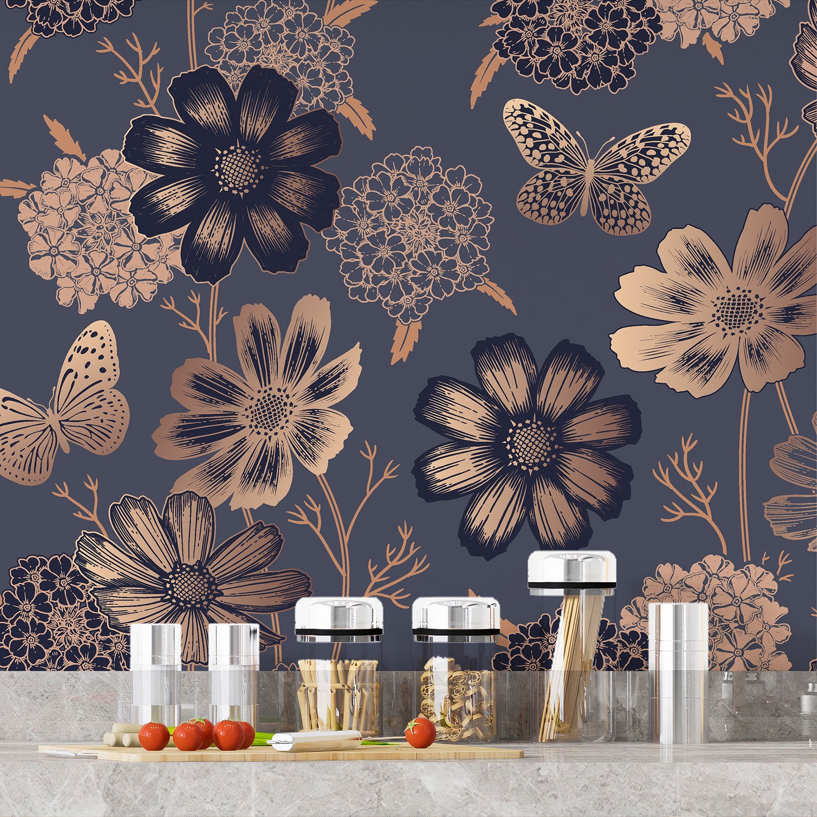 Crédence adhésive sticker pour cuisine - Fleurs Papillons - Adhésif MAT - 60x120 cm - 4