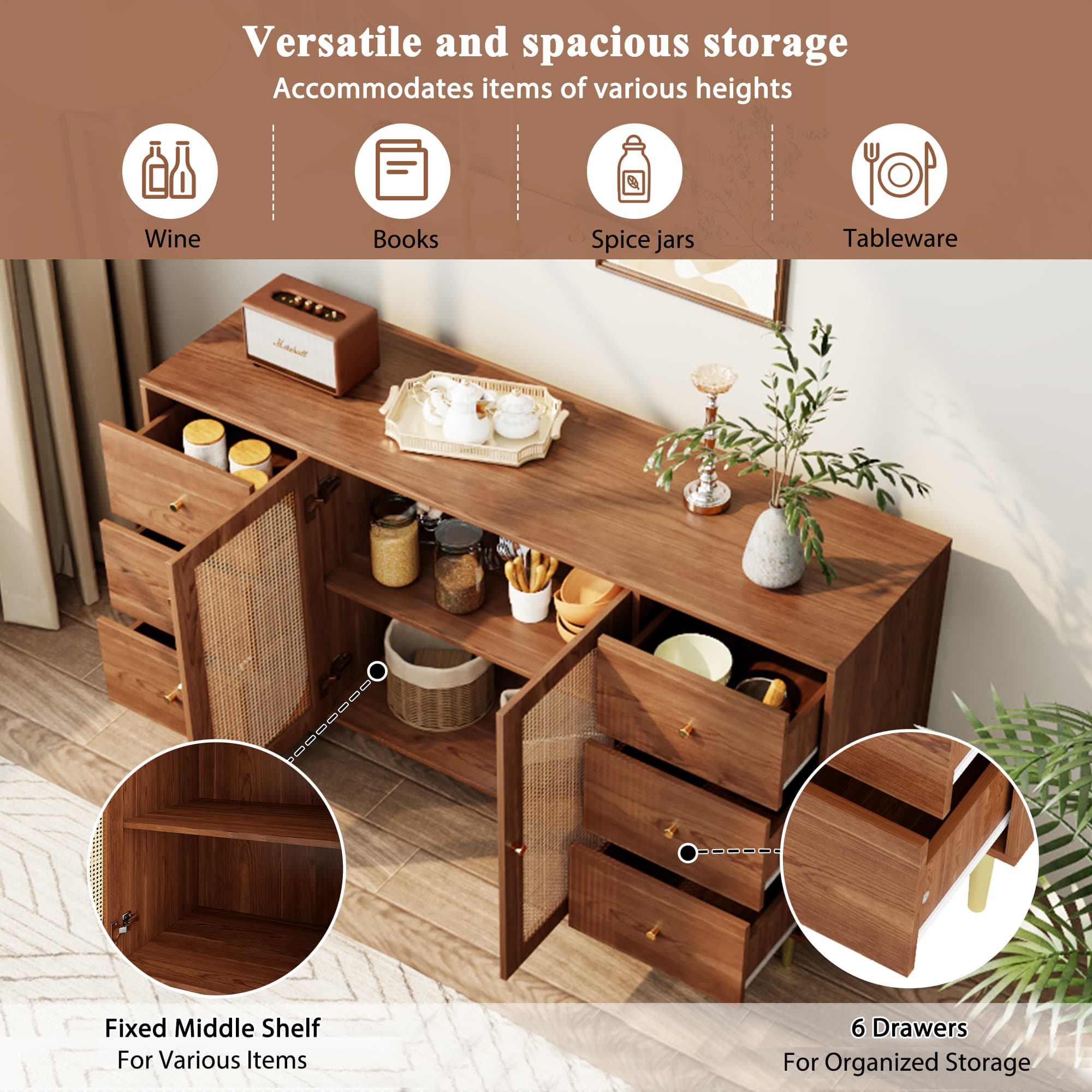 Buffet, buffet en rotin, rangement avec tiroirs, armoire en bois individuelle, cuisine, maison, salon, brun, 160 x 40 x 90 cm - 6