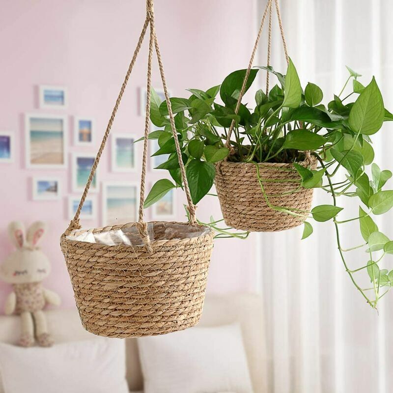 De fleurs à suspendre en corde de jute -pliable en jonc de mer, macramé -pour plantes succulentes, décoration intérieure ou extérieure - 3