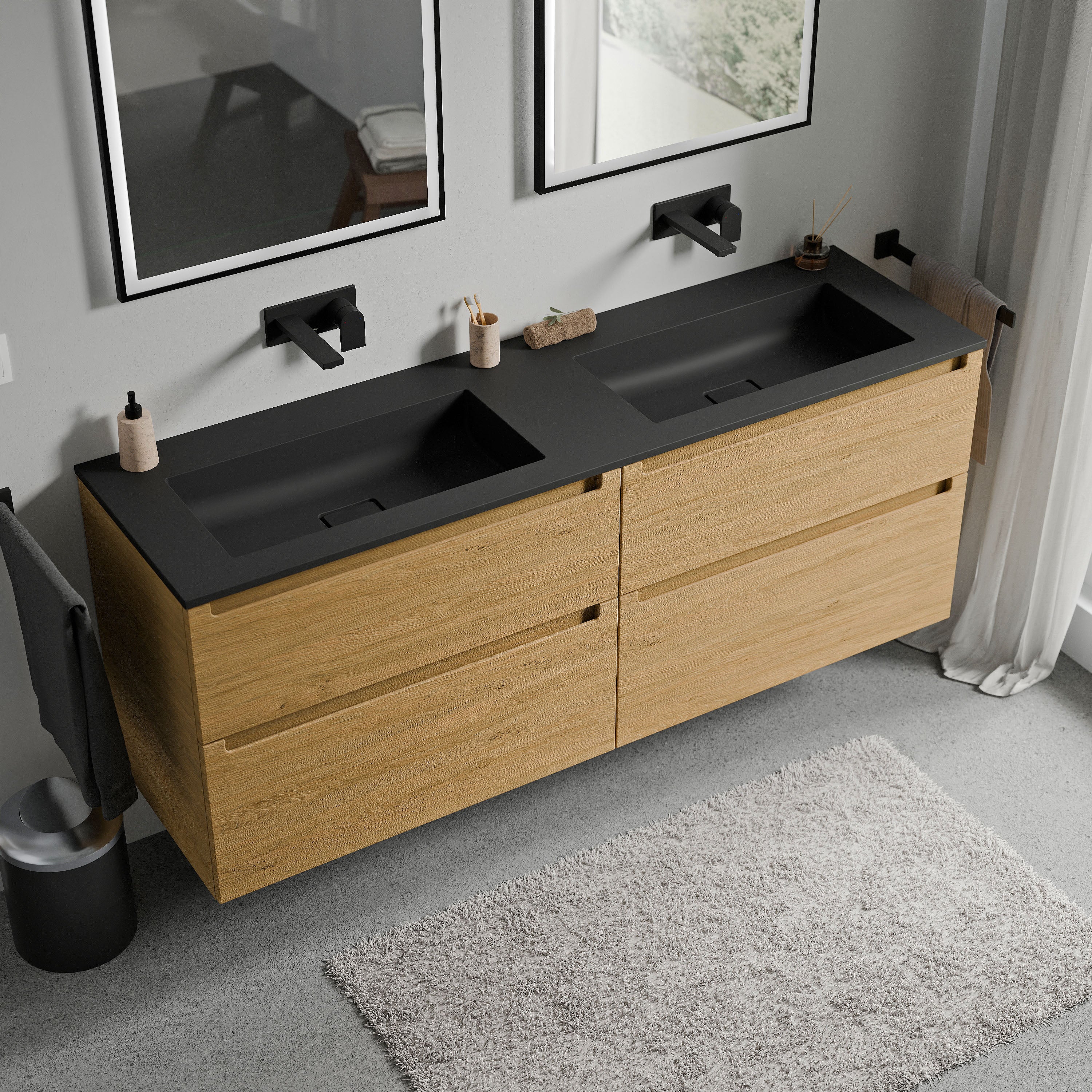 BERNSTEIN - Meuble double vasque suspendu MDF Chêne miel, lavabos fonte Noir mat sans trou robinet, tiroirs pivotants - 160x46x62cm - VIREO - 2
