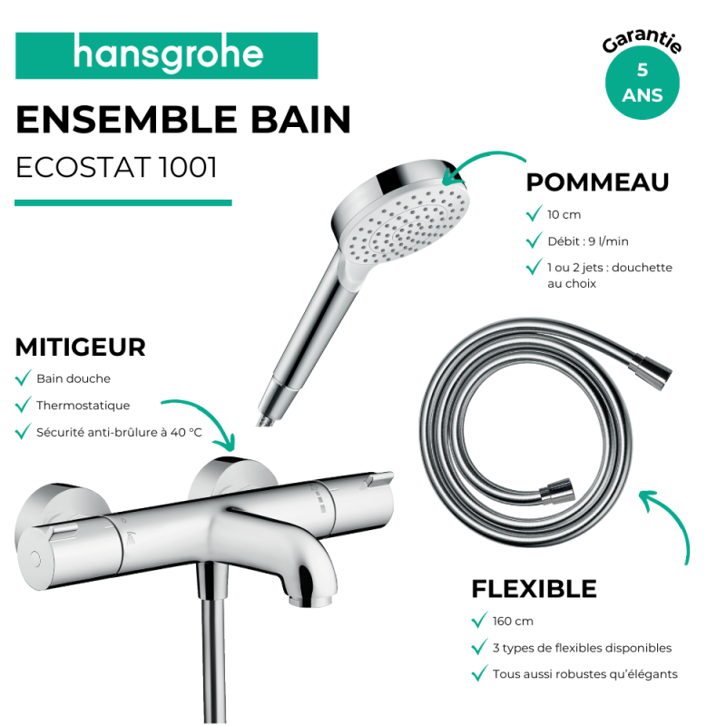 Pack mitigeur bain thermostatique HANSGROHE Ecostat 1001CL + Flexible Metaflex + Pommeau Vernis Blend 100 EcoSmart 2jets chromé - 3