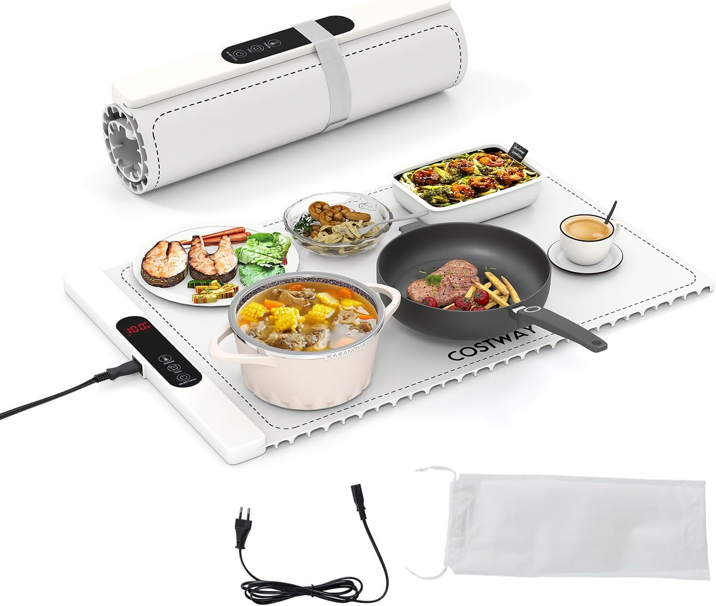 GOPLUS 2-en-1 Chauffe-Plat Électrique De Nourriture Avec 3 Couvercles Transparents Et 8 Plateaux En Acier Inoxydable De 8 L, Sac De Rangement, Plaque Chauffante Portable Avec Contrôle De Température