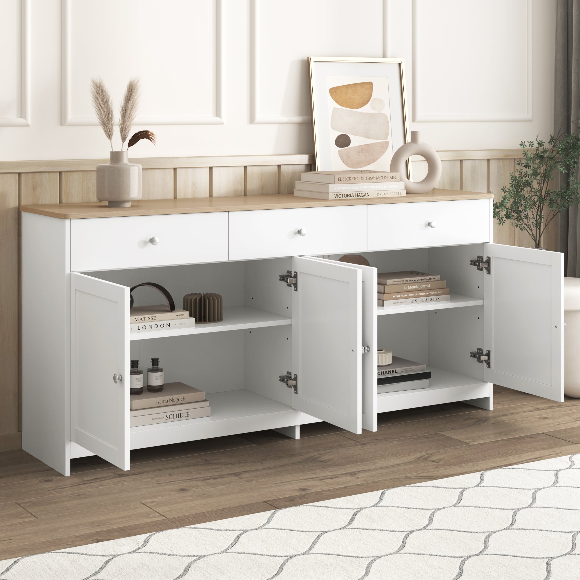 Buffet bas avec 4 portes et 3 tiroirs - bois MDF - décor chêne et blanc - pour salon ou cuisine - 160 x 37 x 75 cm - 9