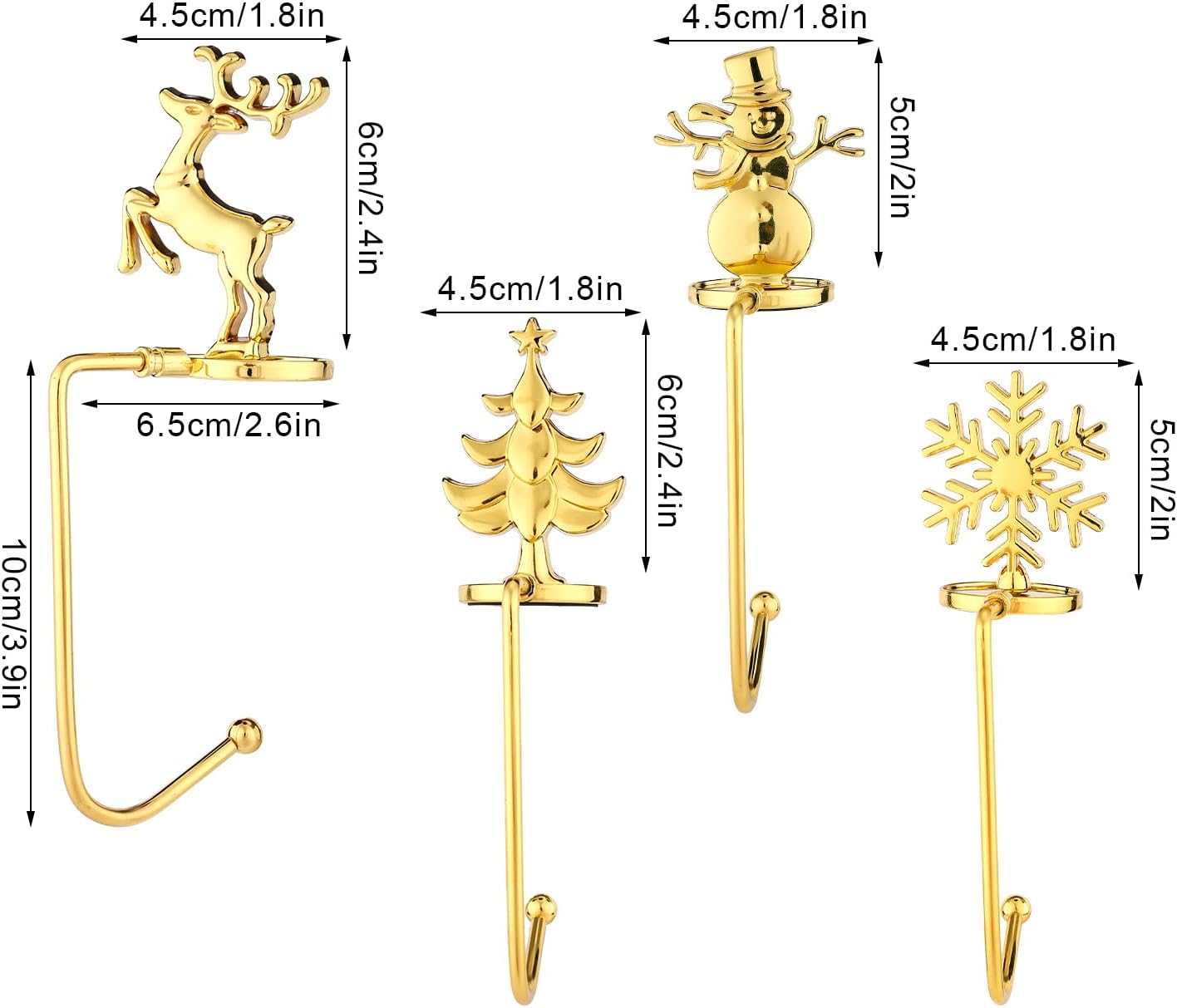 Porta calze di Natale da 4 pezzi, oro, albero di Natale, renna, fiocco di neve, porta calze decorative in metallo, ganci per calze di Natale, grucce - 2