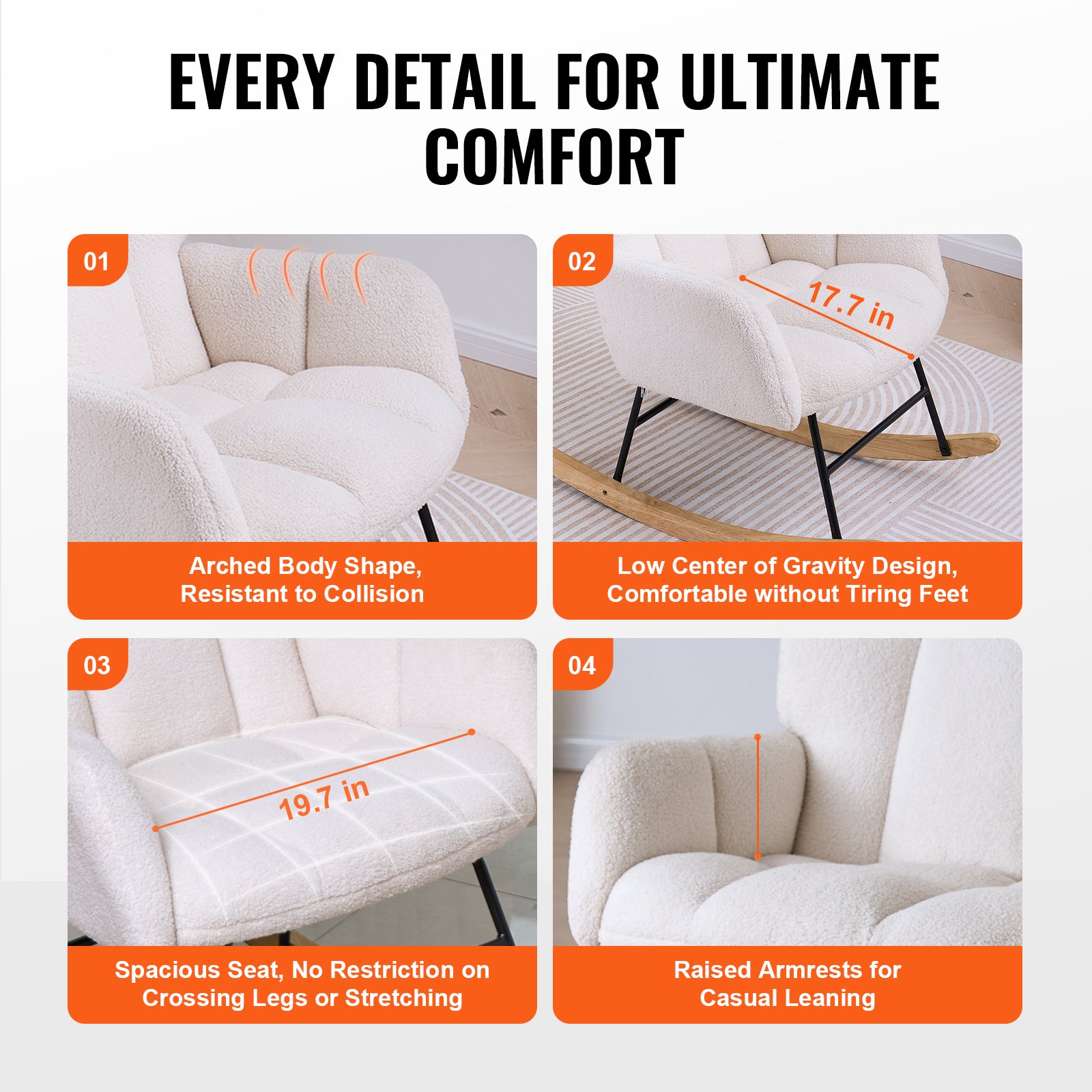 Fauteuil à Bascule Velours Teddy VEVOR, Charge 113,4 kg avec Siège Doux et Dossier Haut pour Allaitement - 6