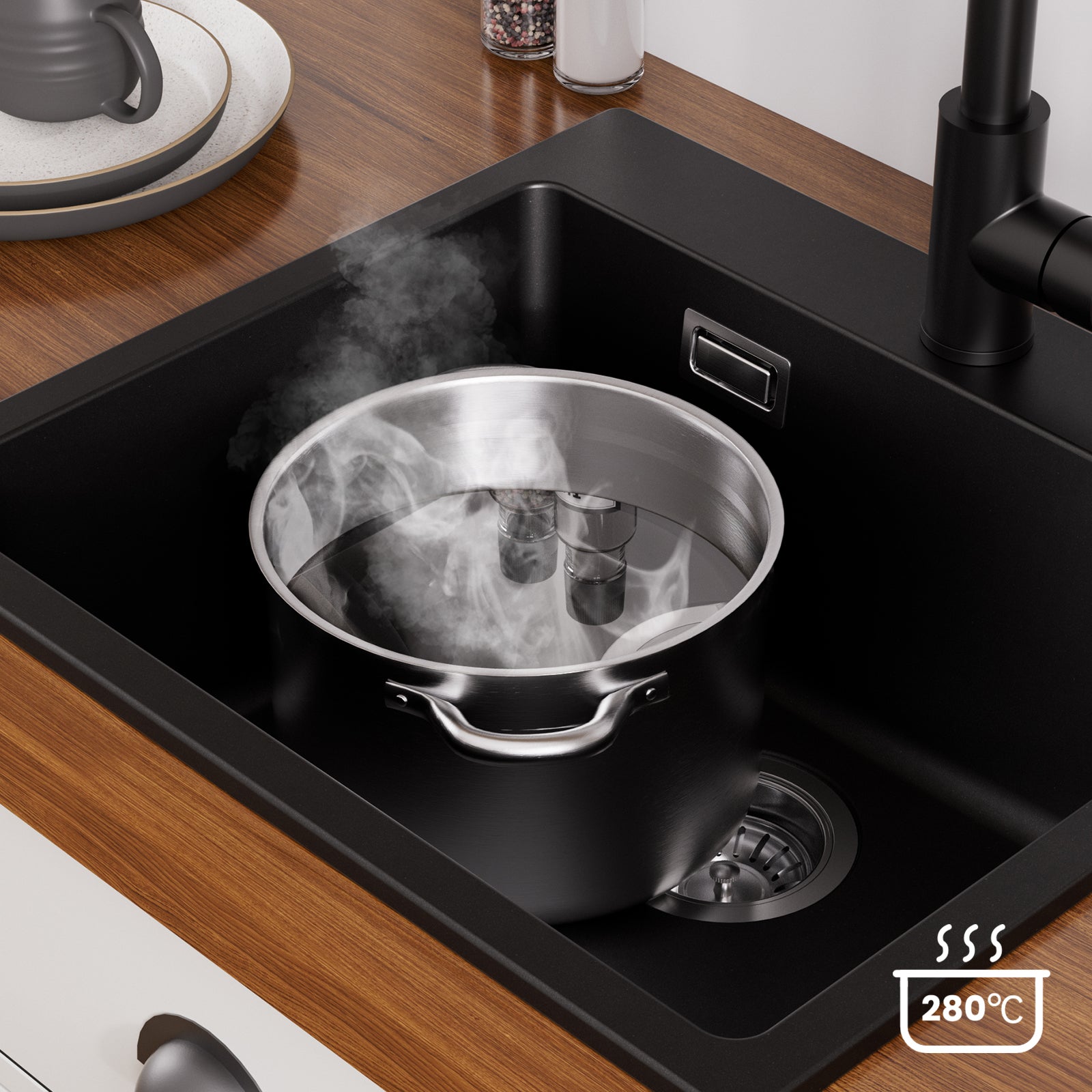 Fregadero de cocina Auralum max 50x45cm en granito Fregadero de 1 seno en fregadero sobre encimera negro - 7