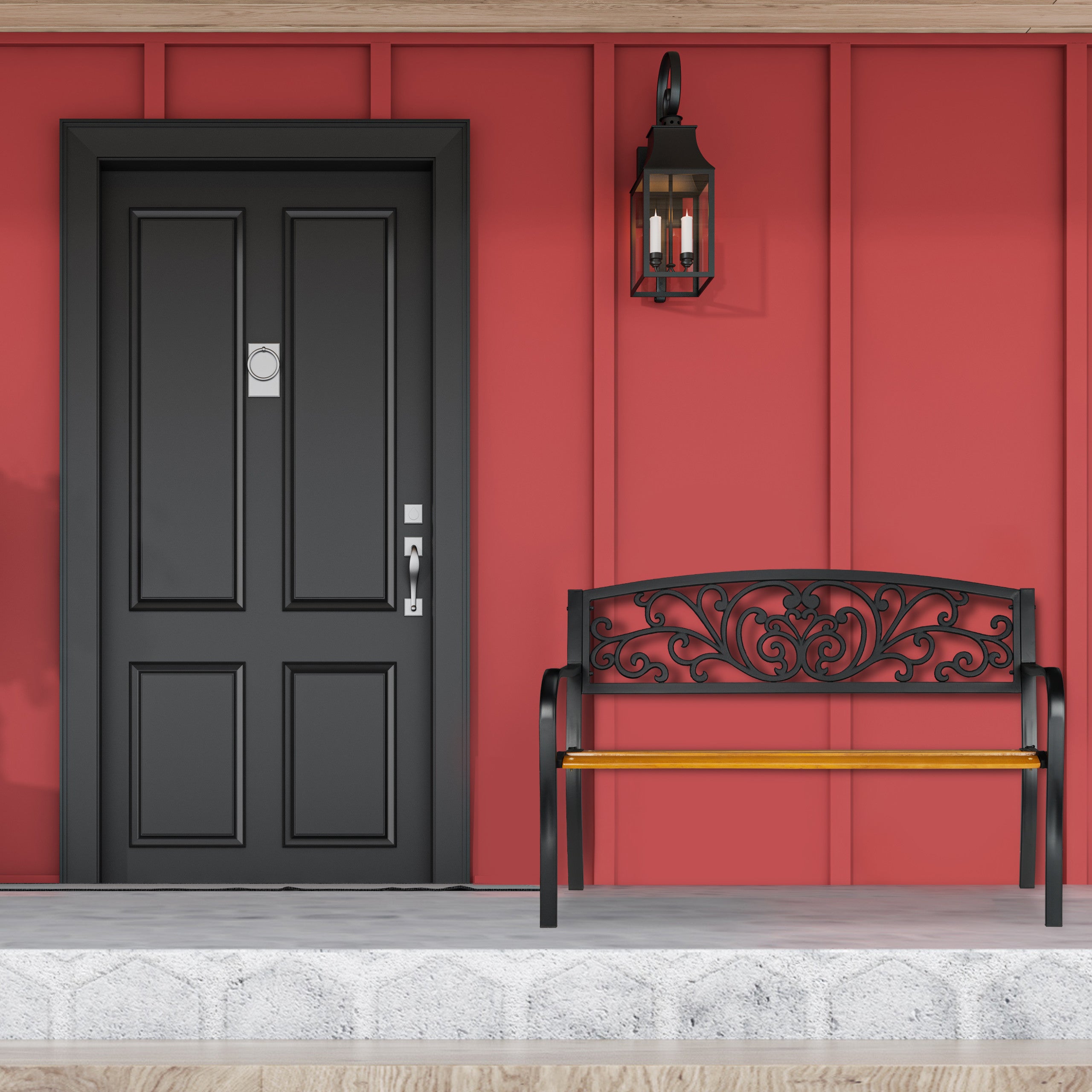 Banc de jardin, 2 sièges, balcon, terrasse, bois, métal, rustique, H x L x P : 86,5 x 127 x 59 cm, brun/noir, Relaxdays - 3